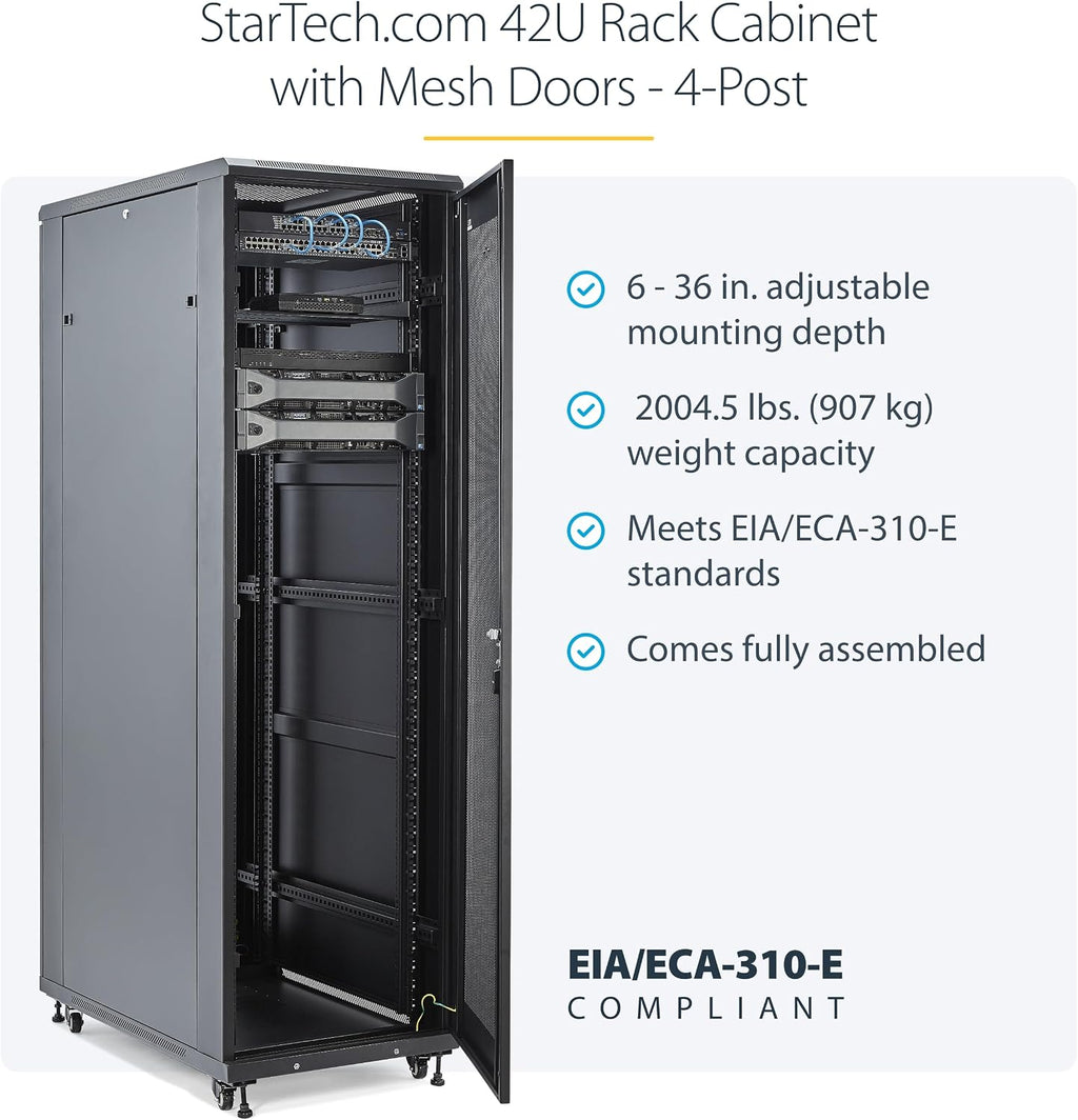 StarTech 42U Enterprise-Grade Server Rack Cabinet, Alloy Steel, 19in Enclosed 4-Post Rack with 36in (91cm) Mounting Depth and 2000lb (900kg) Weight Capacity, Black