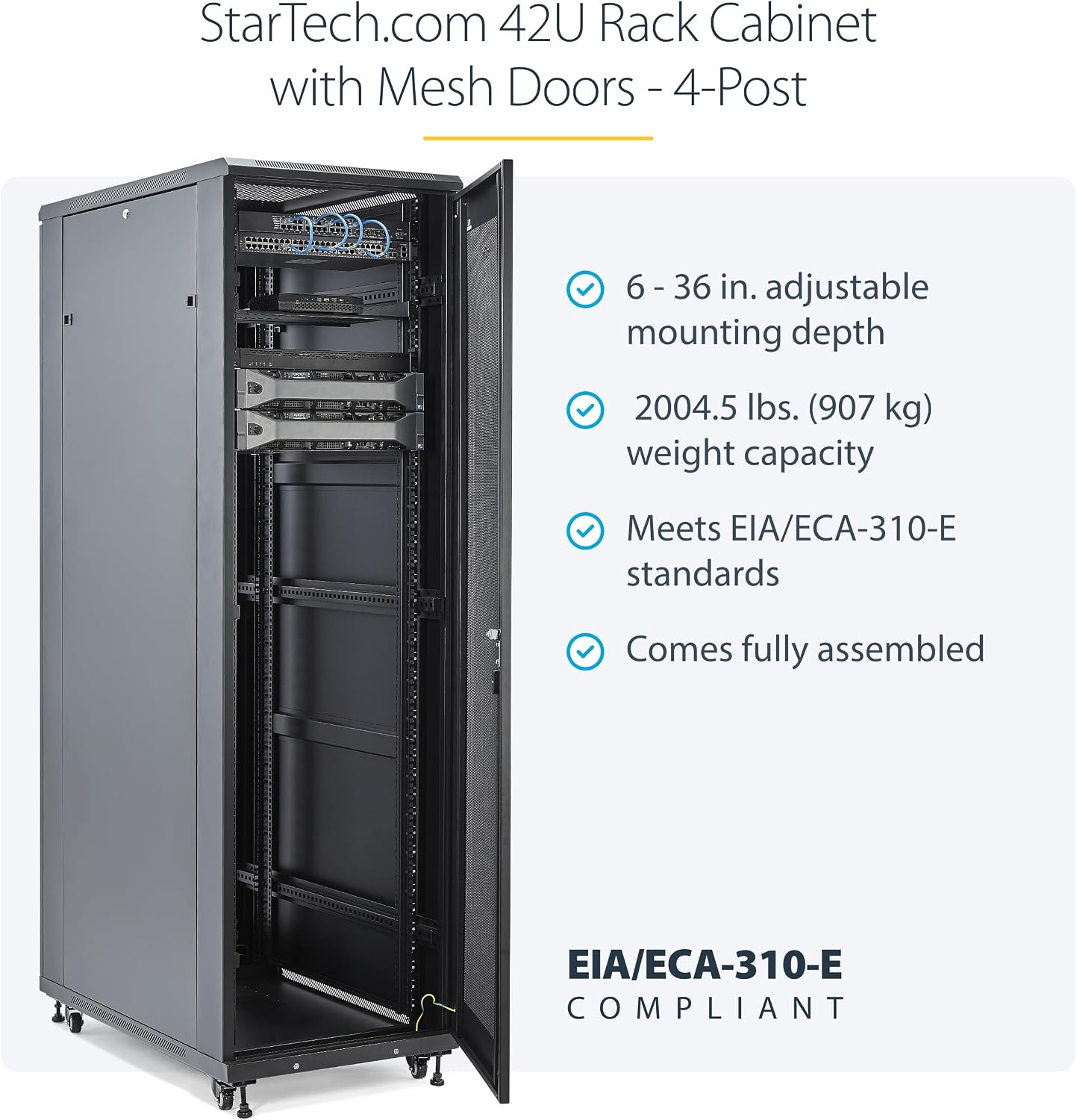 StarTech 42U Enterprise-Grade Server Rack Cabinet, Alloy Steel, 19in Enclosed 4-Post Rack with 36in (91cm) Mounting Depth and 2000lb (900kg) Weight Capacity, Black