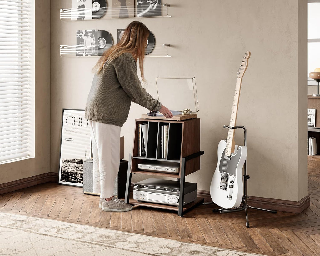 FITUEYES Design Record Player Stand with Vinyl Record Storage, Turntable Stand with Station up to 120 pcs, Small Entertainment Center for Living Room, Eiffel Series