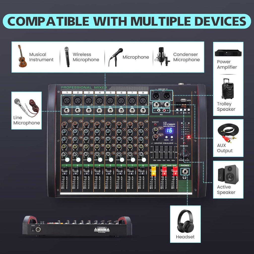 Audio Mixer 8 Channel, Professional Music Sound Mixer Board with 48V Phantom Power, Digital DJ Mixing Console with Reverb USB Port Bluetooth for Recording Karaoke Podcasting