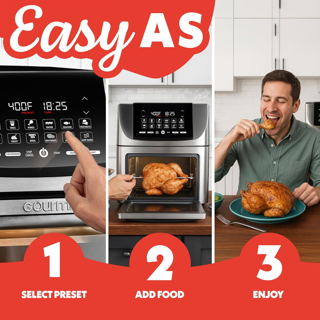 Gourmia Air Fryer - 14 Qt All-in-One Rotisserie Oven with Digital Display, 12 Presets, Roast, Bake, Broil, Dehydrate, Dishwasher Safe Accessories, Stainless Steel