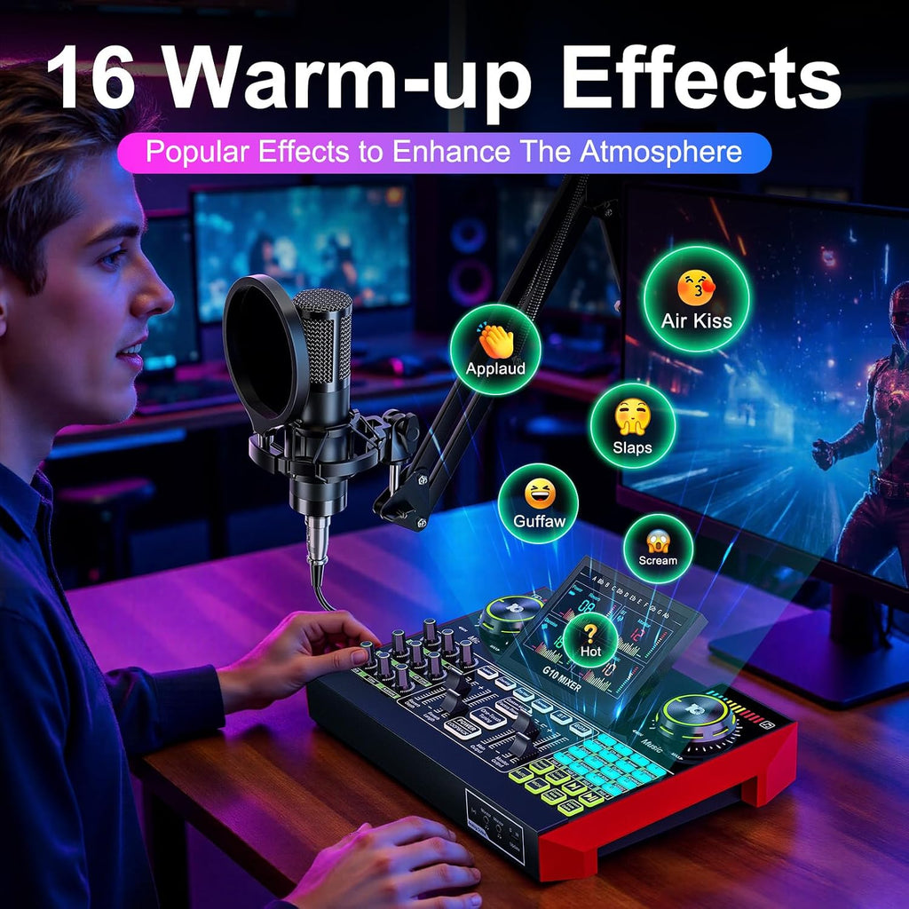 Podcast Equipment Bundle with 3.5mm BM800 Condenser Microphone for Pc/Phone Live Streaming Singing Gaming, Podcast Microphone Bundle with Live Sound Board Audio Mixer,Voice Changer, Denoise,DJ Sets