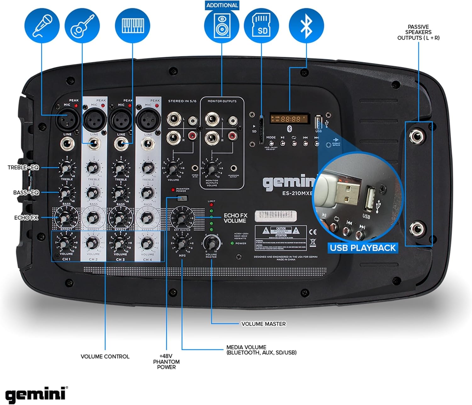 Gemini Portable PA System with Bluetooth, Powered System with 6-Channel Mixer, Dual 10' Speakers, Mic & Cables—All-in-One for DJs, Events, Fitness & Worship (ES-210MXBLU)