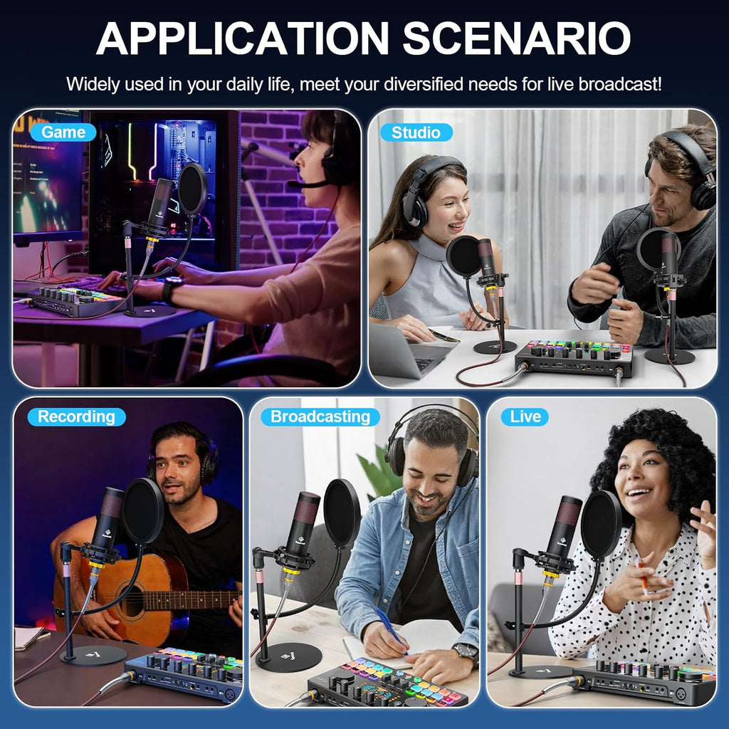 Podcast Equipment Bundle for 2 with Dual 48V XLR Condenser Micophones with Mic Pop Filters Audio Equipment for Live Streaming/Recording, Online Gaming for Phone/Laptop/PC Audio Interface M100