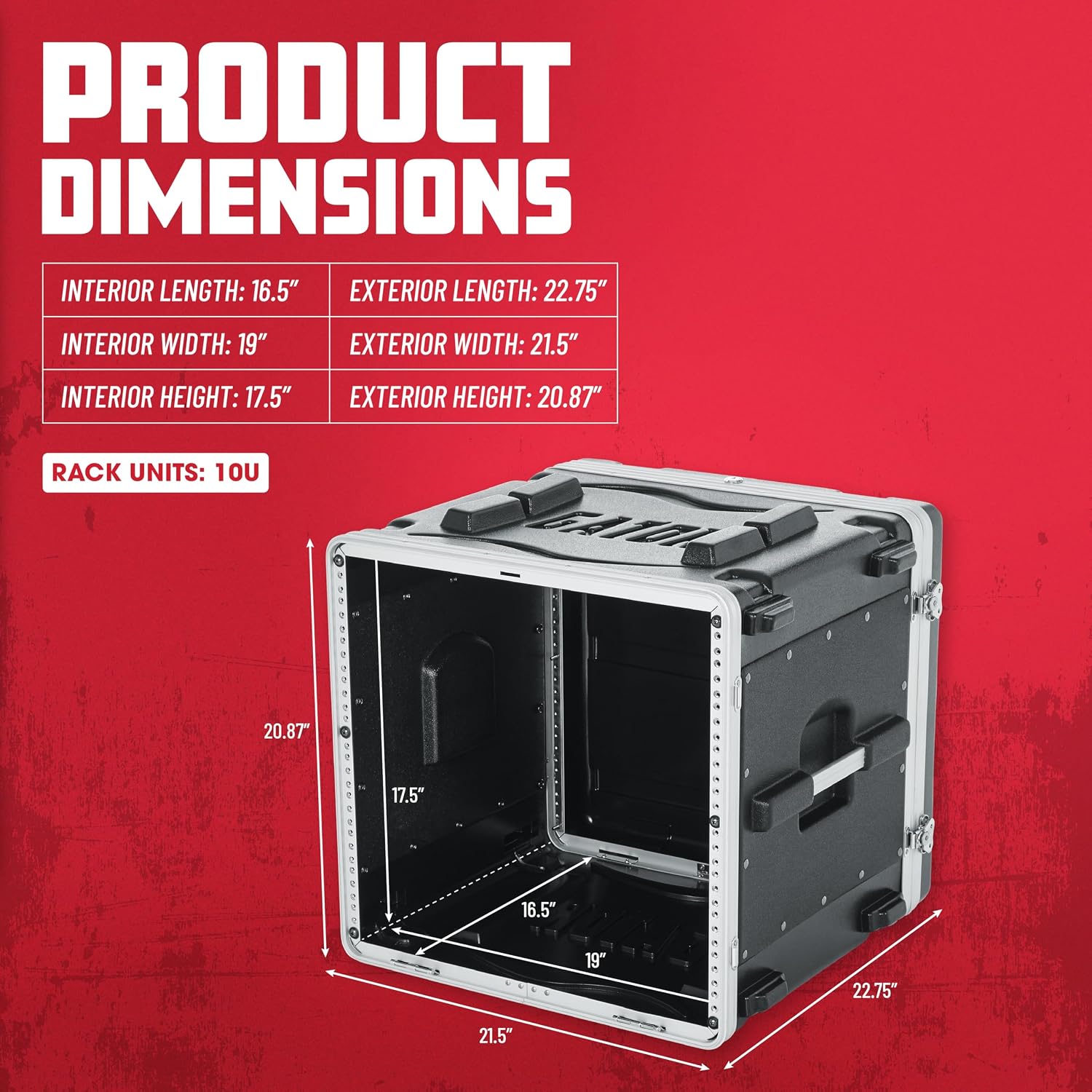 Gator Lightweight Molded 10U Rack Case with Heavy Duty Latches; Standard 19.25' depth, 10U (GR-10L)