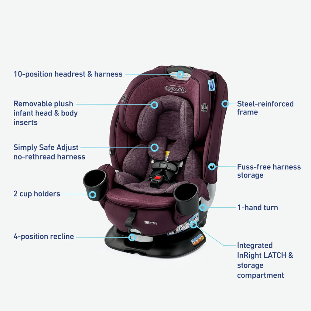 Graco® Turn2Me 3-in-1 Convertible Car Seat London featuring Headrest and Harness Adjust Easy Installation and Steel Reinforced Frame