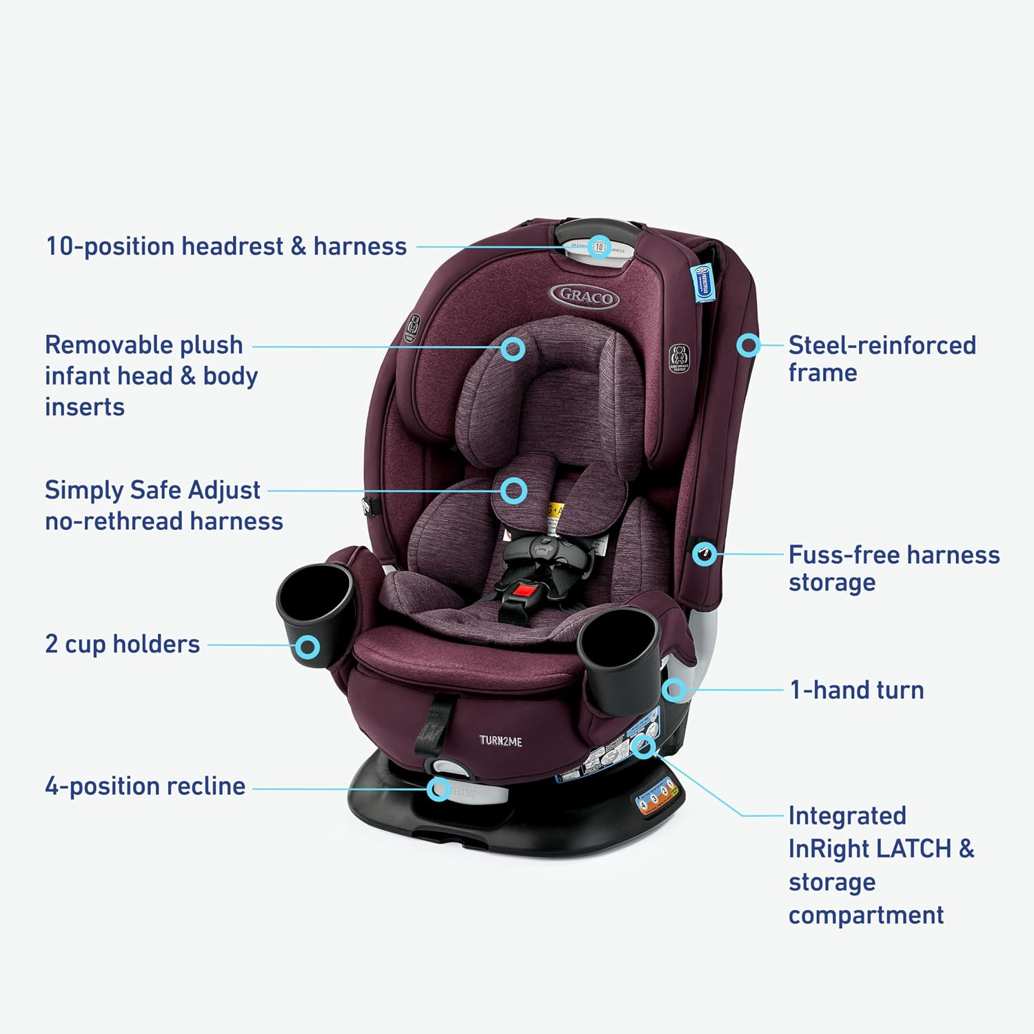 Graco® Turn2Me 3-in-1 Convertible Car Seat London featuring Headrest and Harness Adjust Easy Installation and Steel Reinforced Frame