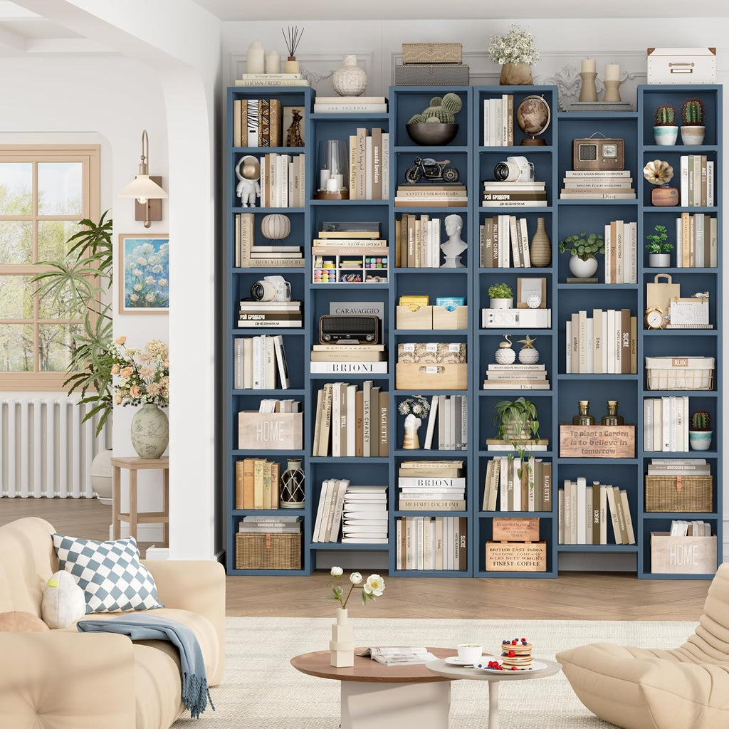 FOTOSOK 71'' Tall Bookshelf with 21 Cubes, 8 Tier Triple Wide Bookshelf with 8 Adjustable Shelves, 35' Large Bookcase DVD/CD Media Tower Storage, Freestanding Display Shelf Cabinet, Blue