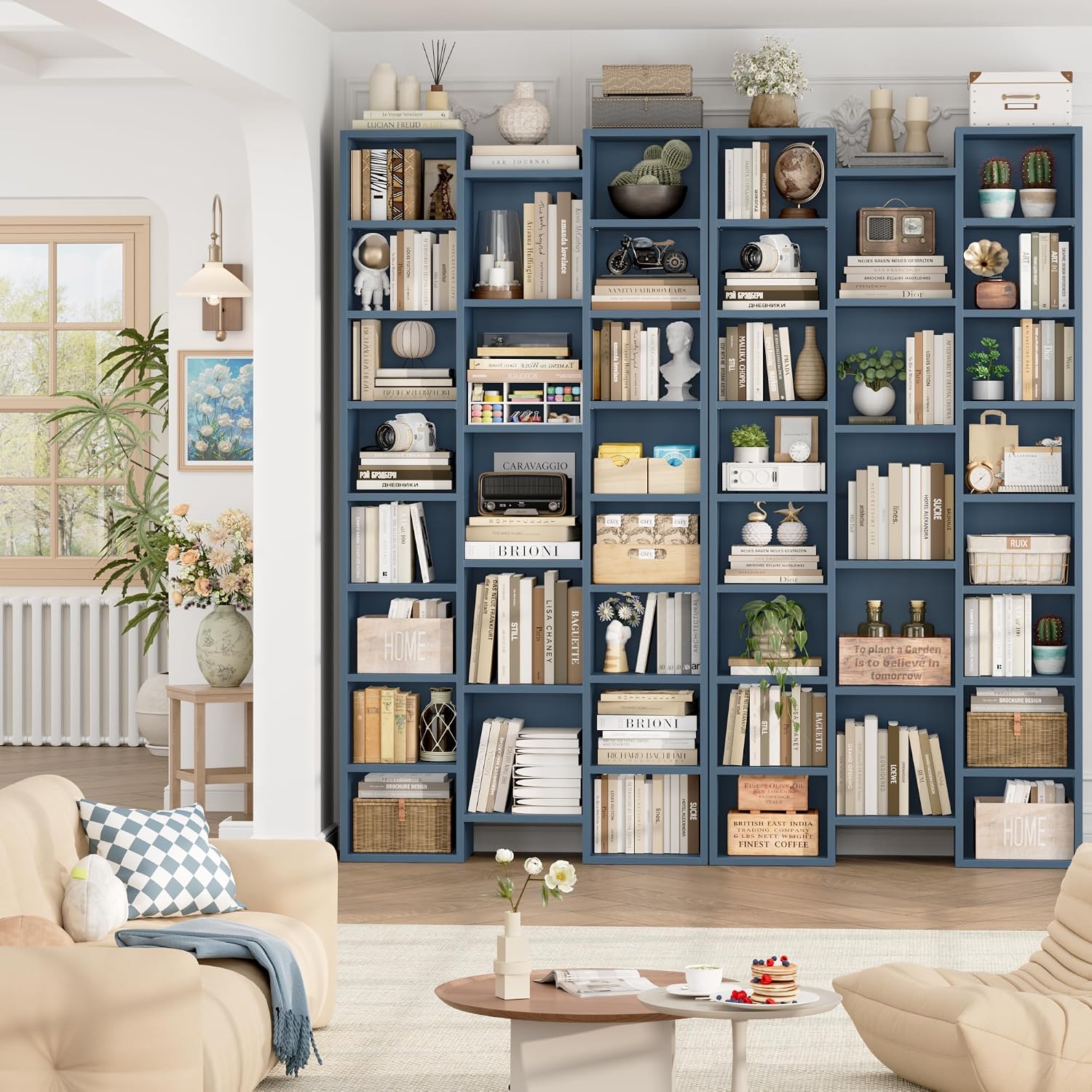 FOTOSOK 71'' Tall Bookshelf with 21 Cubes, 8 Tier Triple Wide Bookshelf with 8 Adjustable Shelves, 35' Large Bookcase DVD/CD Media Tower Storage, Freestanding Display Shelf Cabinet, Blue