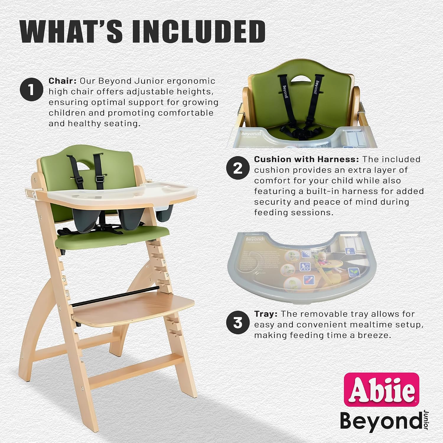Abiie Beyond Junior Wooden High Chair for Babies and Toddlers - Convertible 3-in-1 Baby Highchair with Removable Tray - 6 Months to 250 Lb - Water Resistant - Natural Wood/Olive Cushion