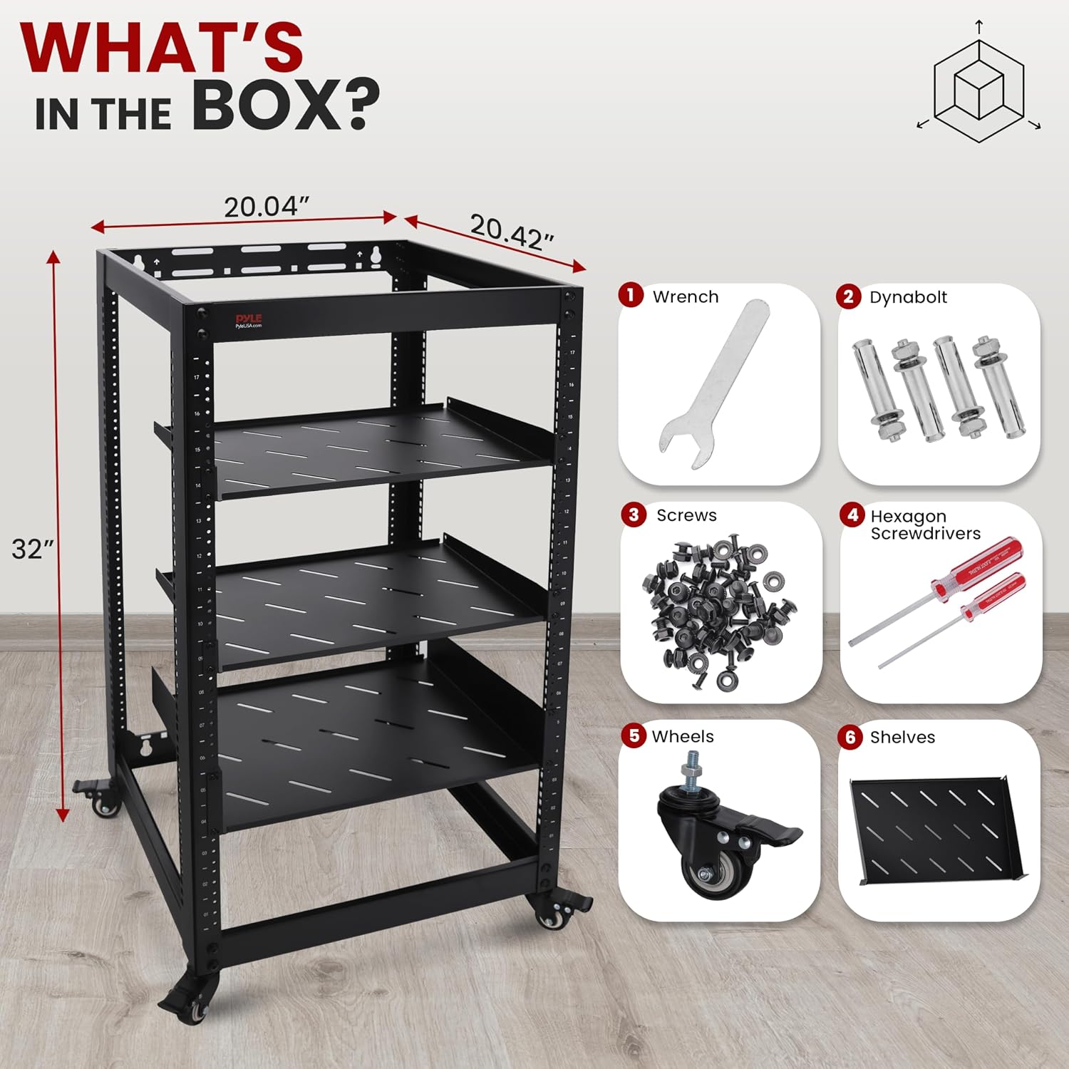 Pyle 20U Open Frame Server Rack - Wall Mount Network Rack for Servers, Networking & AV Gear - Heavy-Duty 19' Equipment, Includes 1U & 2U Vented Shelves for Airflow, Lockable Wheels - 440 lbs Capacity