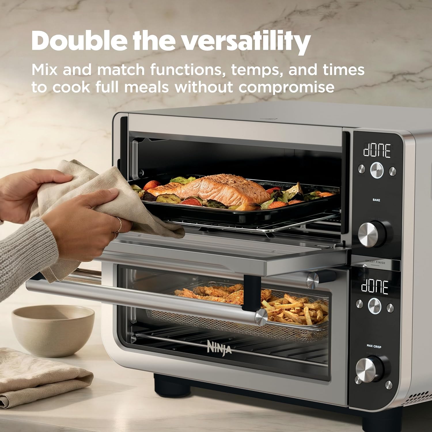 Ninja Double Oven Pro Smart XL Countertop Oven & Air Fryer | 30.2 Qt Capacity | 12-in-1 with Smart Finish & DualZone Tech to Cook 2 Meals at Once | Fits up to 4.5lb Chicken | Stainless Steel | DCT801