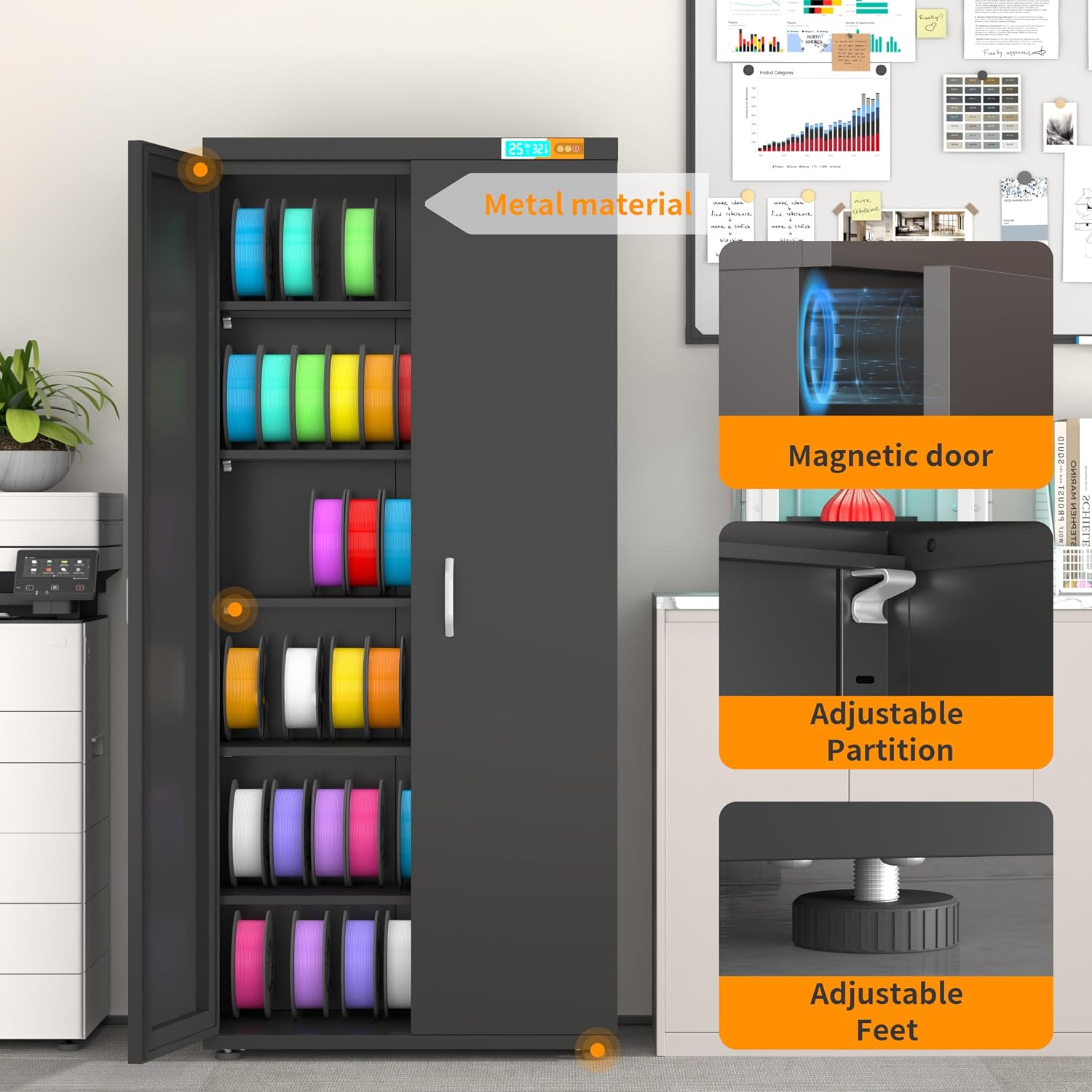 3D Printer Stand 6-Tier 110 Rolls Filament Storage,25% RH Control Filament Dehumidification Cabinet 3D Printing Sealing and Protection for PLA/ABS/TPU/Nylon (Black 380L)