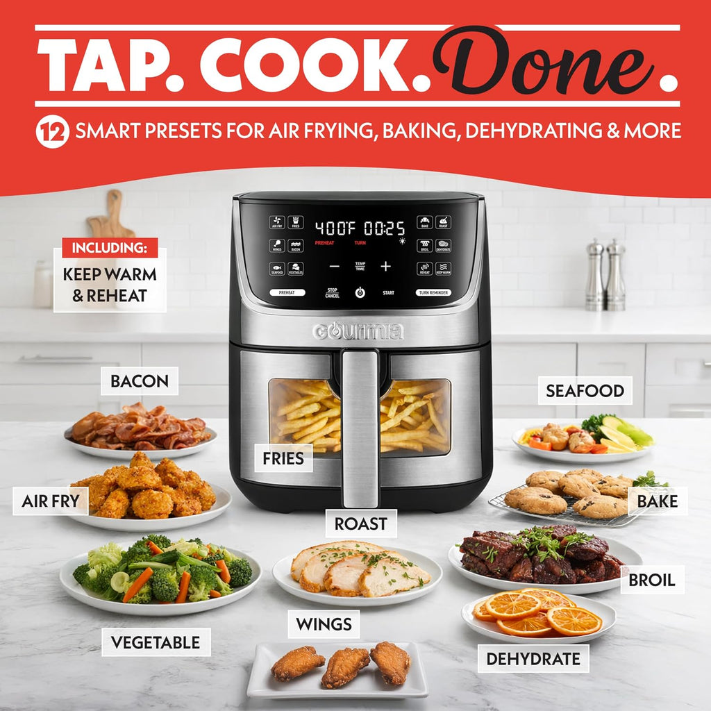 Gourmia Air Fryer - 7 Qt Large Capacity with LED Display, 12 One-Touch Presets, FryForce 360° Technology, Nonstick Dishwasher-Safe Basket & Crisper Tray, Stainless Steel