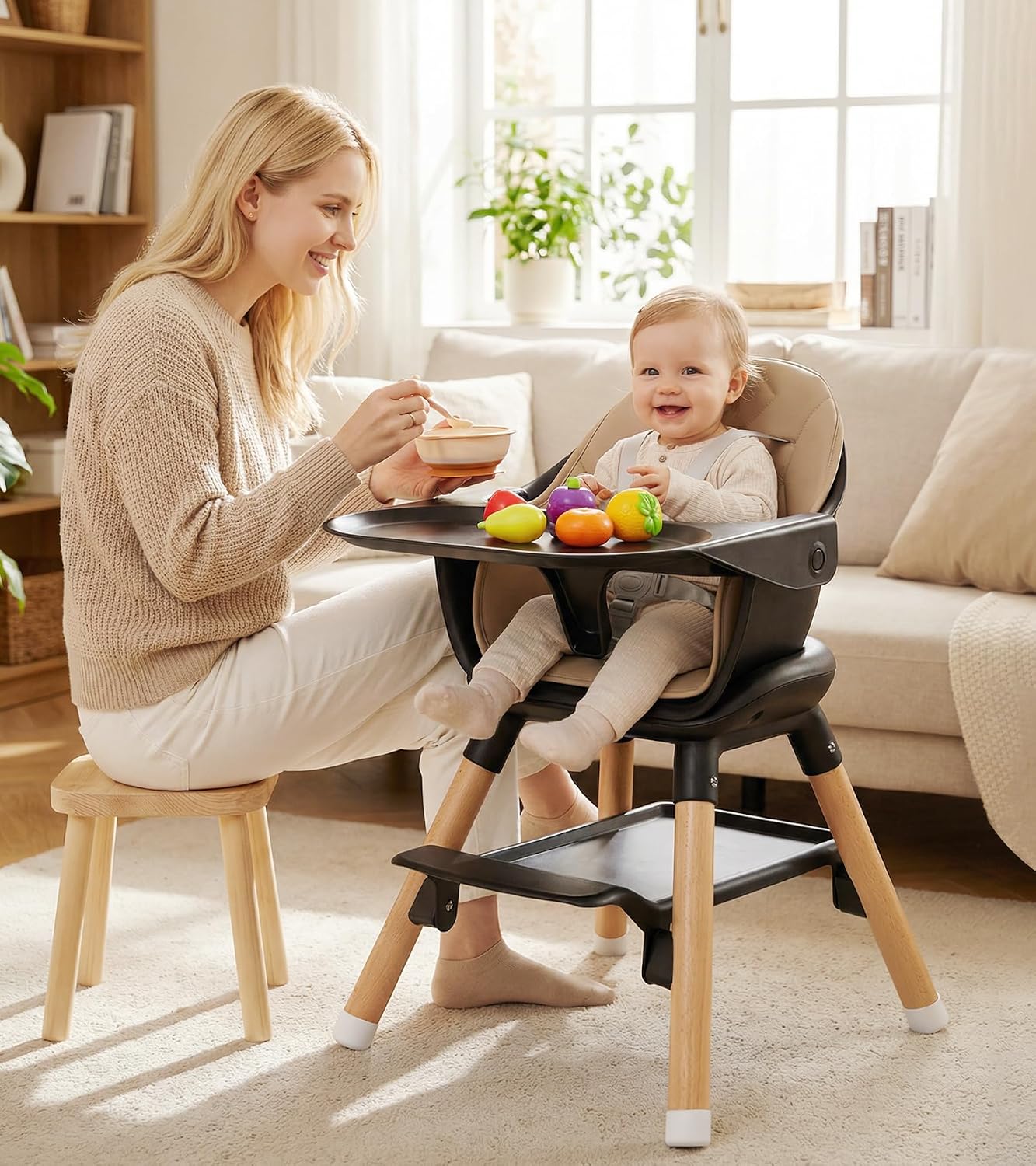 6 in 1 Baby High Chair, Convertible Wooden High Chairs/Booster Seat for Babies and Toddlers, Baby Feeding Chair with 5-Point Harness/Double Removable Tray & Adjustable Footrest (Black)