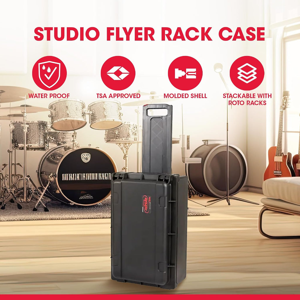 SKB Studio Flyer Rack Case - 2U Waterproof Carry-on with Laptop Surface, Molded Rack Rails, Rubber Cleats and Quiet Wheels, Ideal for Musicians, Black
