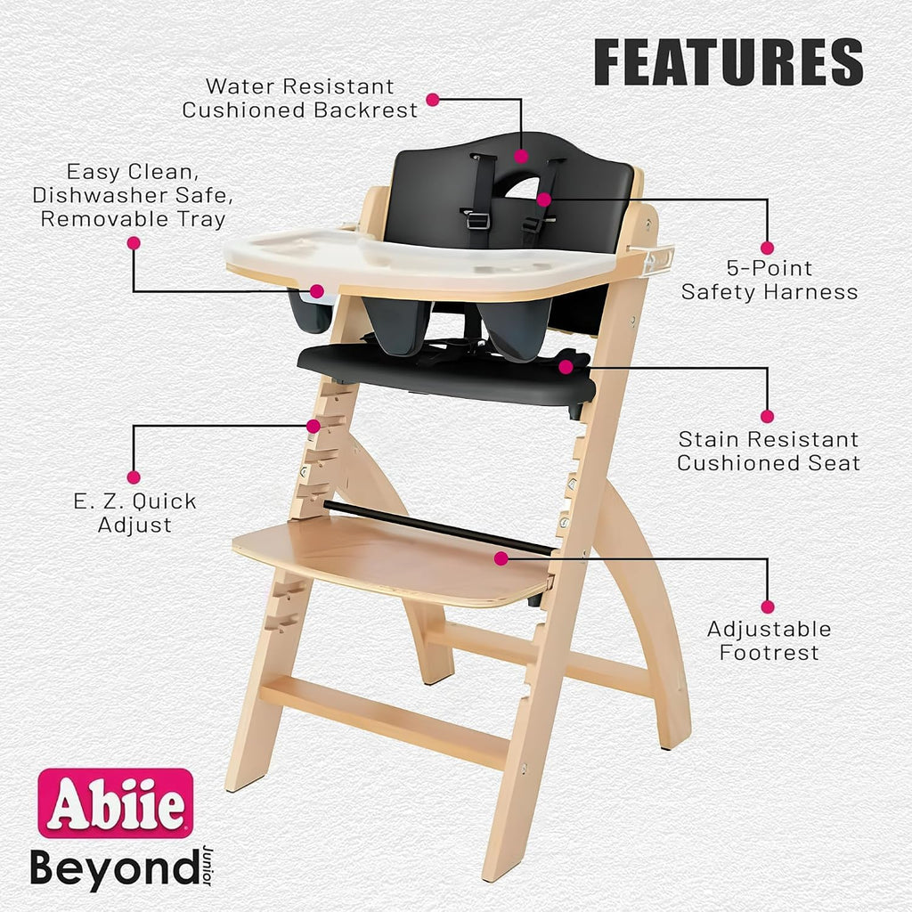 Abiie Beyond Junior Wooden High Chair for Babies and Toddlers - Convertible 3-in-1 Baby Highchair with Removable Tray - 6 Months to 250 Lb - Water Resistant - Natural Wood/Black Pearl Cushion