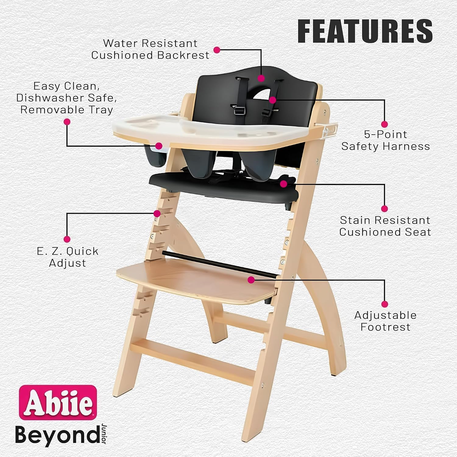 Abiie Beyond Junior Wooden High Chair for Babies and Toddlers - Convertible 3-in-1 Baby Highchair with Removable Tray - 6 Months to 250 Lb - Water Resistant - Natural Wood/Black Pearl Cushion