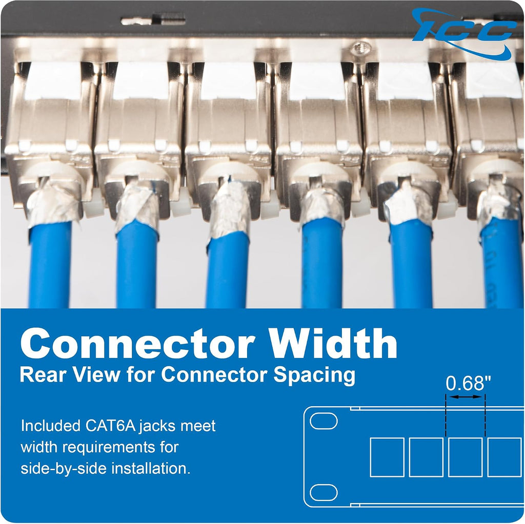 ICC 24-Port CAT6A Keystone Shielded 1U Patch Panel with CAT6A Shielded Keystone Jacks, 19' Rackmount Housing and Cable Support Bar, Protects Against EMI, UL Listed PoE++ Compliant, ICMPP246AS