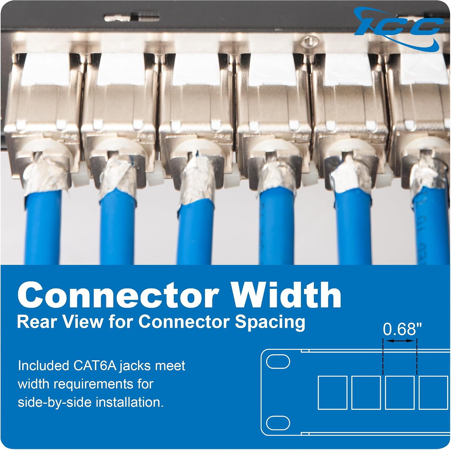 ICC 24-Port CAT6A Keystone Shielded 1U Patch Panel with CAT6A Shielded Keystone Jacks, 19' Rackmount Housing and Cable Support Bar, Protects Against EMI, UL Listed PoE++ Compliant, ICMPP246AS