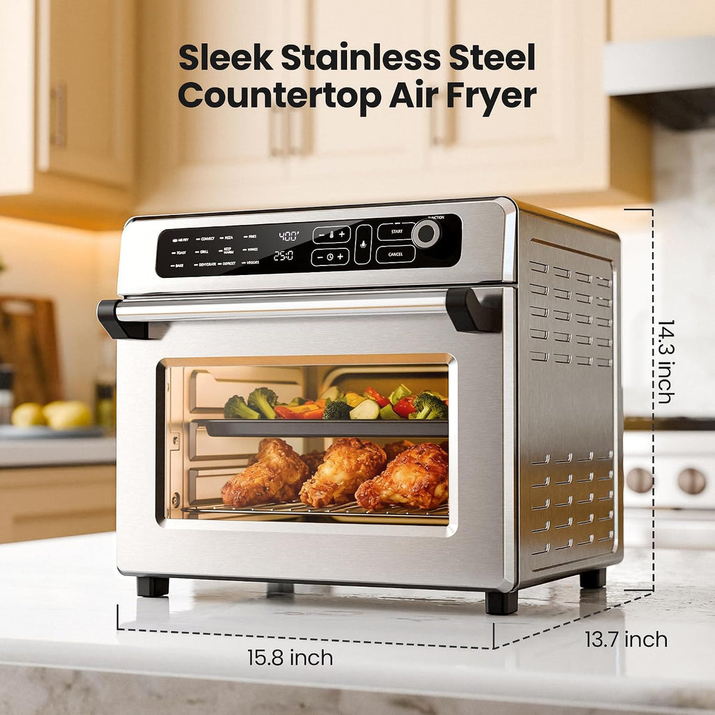 Kismile 25QT Air Fryer Toaster Oven Combo, 12-in-1 Countertop Convection Airfryer Oven, Adjustable 70–450℉ Temperature, Bake, Reheat & Broil, Fits 12″ Pizza, Complete Accessories Included, Silver