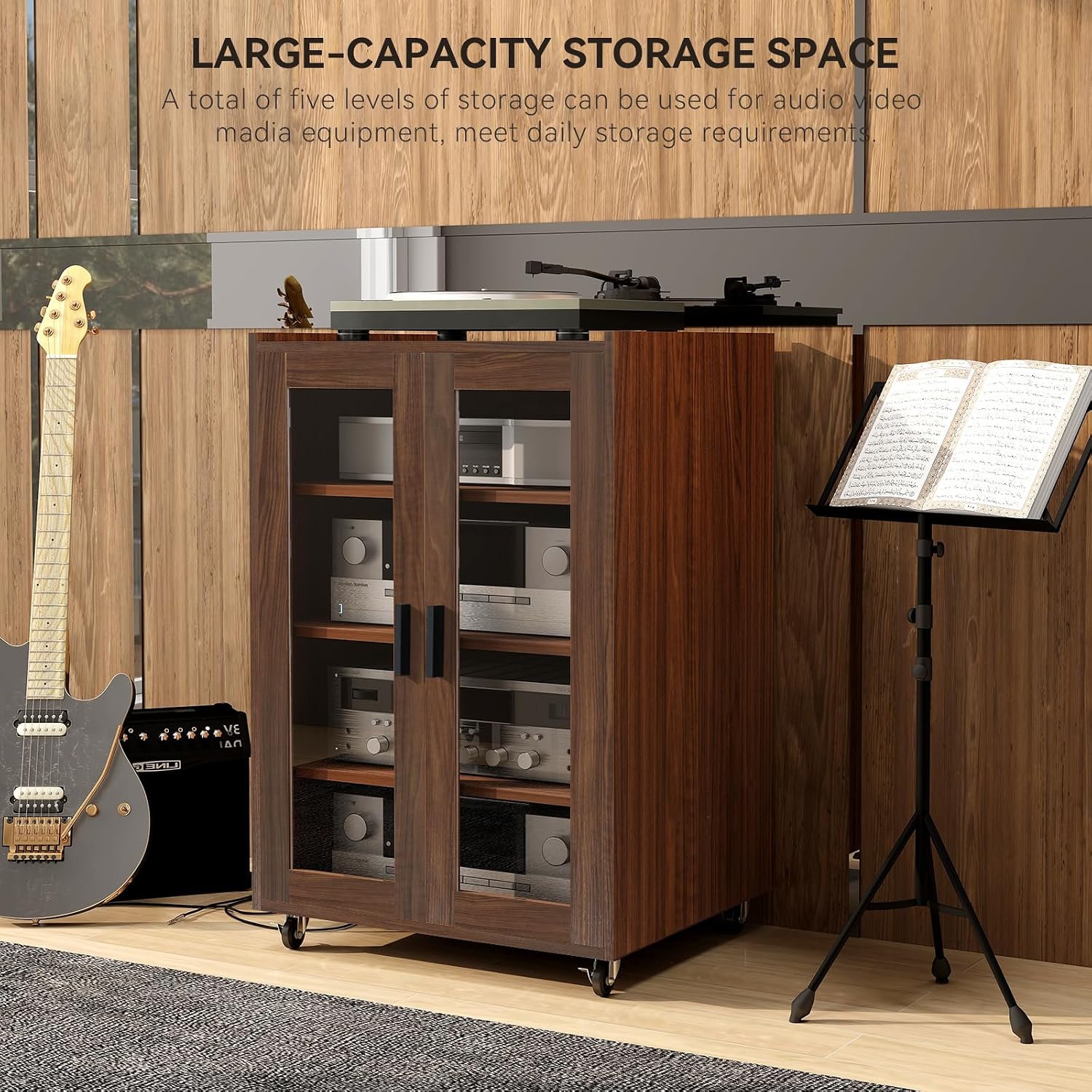 ELECWISH Media Storage Cabinet, Audio-Video Media Stand,Stereo Cabinet with 4 Height-Adjustable Shelves, AV Rack with Glass Doors for Meeting, Living, Recording Room, Brown