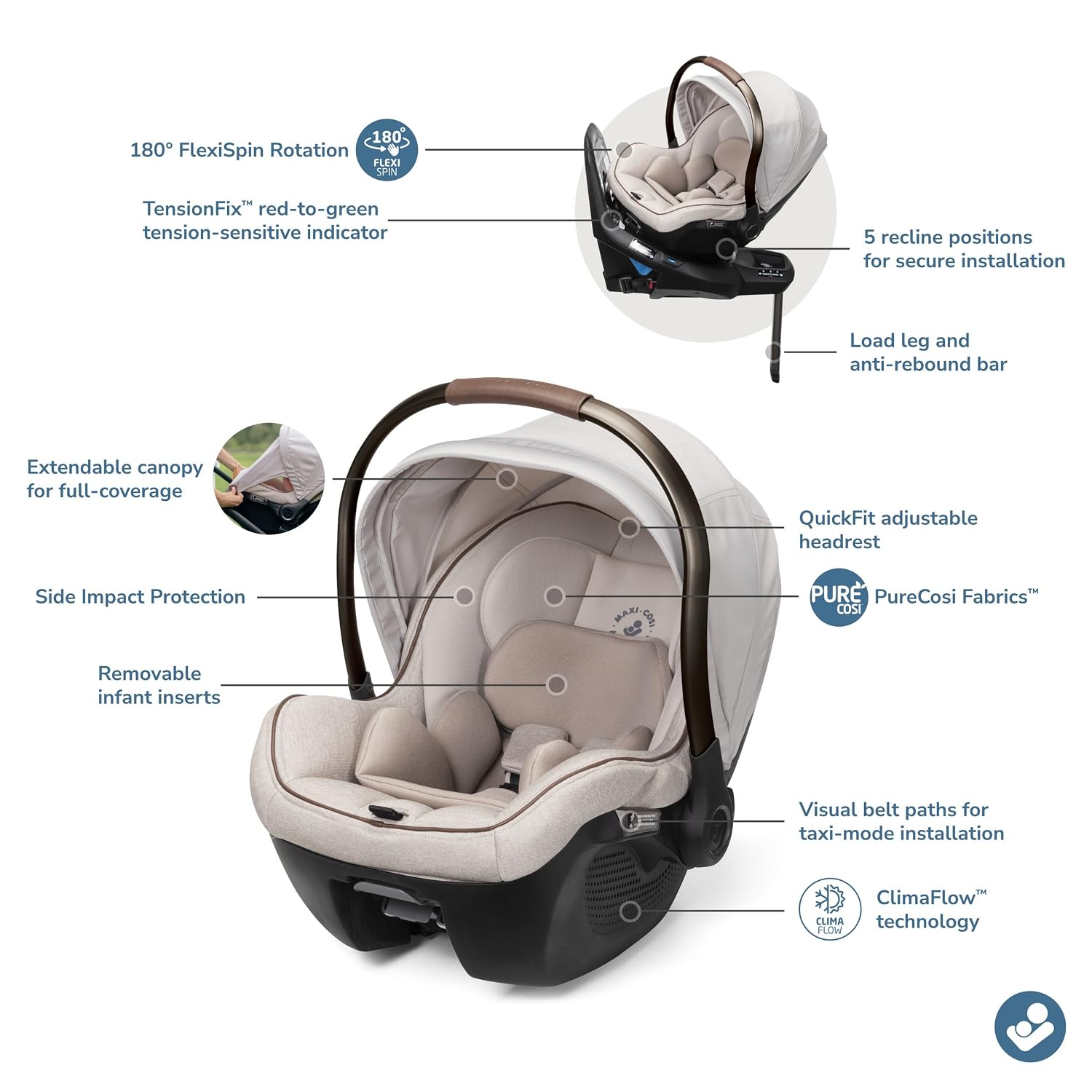 Maxi-Cosi Peri 180 Rotating Infant Car Seat, Baby Car Seat Rotating Carseat, Swivel Car Seat, Desert Wonder