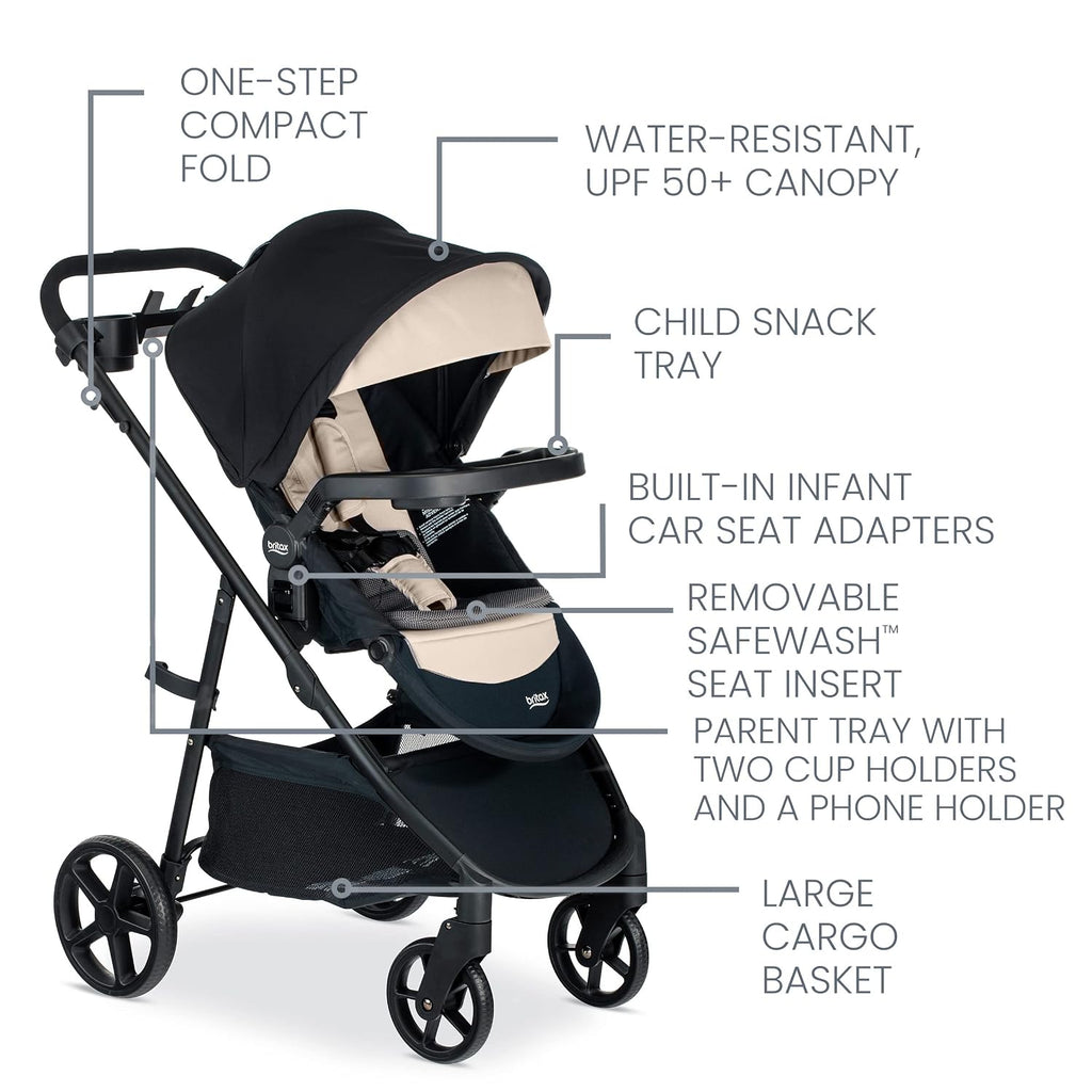 Britax Willow Brook S+ Travel System, Infant Car Seat Stroller Combo With Willow S Infant Car Seat, Alpine Base, and Brook+ Stroller; ClickTight Technology, SafeWash Insert and Cover — Sand Onyx