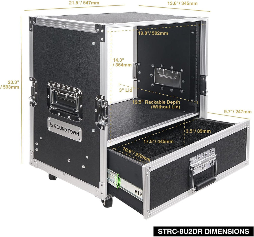 Sound Town 8U Rack Case with 2U Rack Drawer, Casters, for 19' Amps, Mixers, Microphone Receivers (STRC-8U2DR)