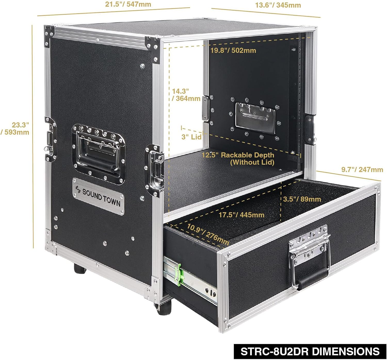 Sound Town 8U Rack Case with 2U Rack Drawer, Casters, for 19' Amps, Mixers, Microphone Receivers (STRC-8U2DR)
