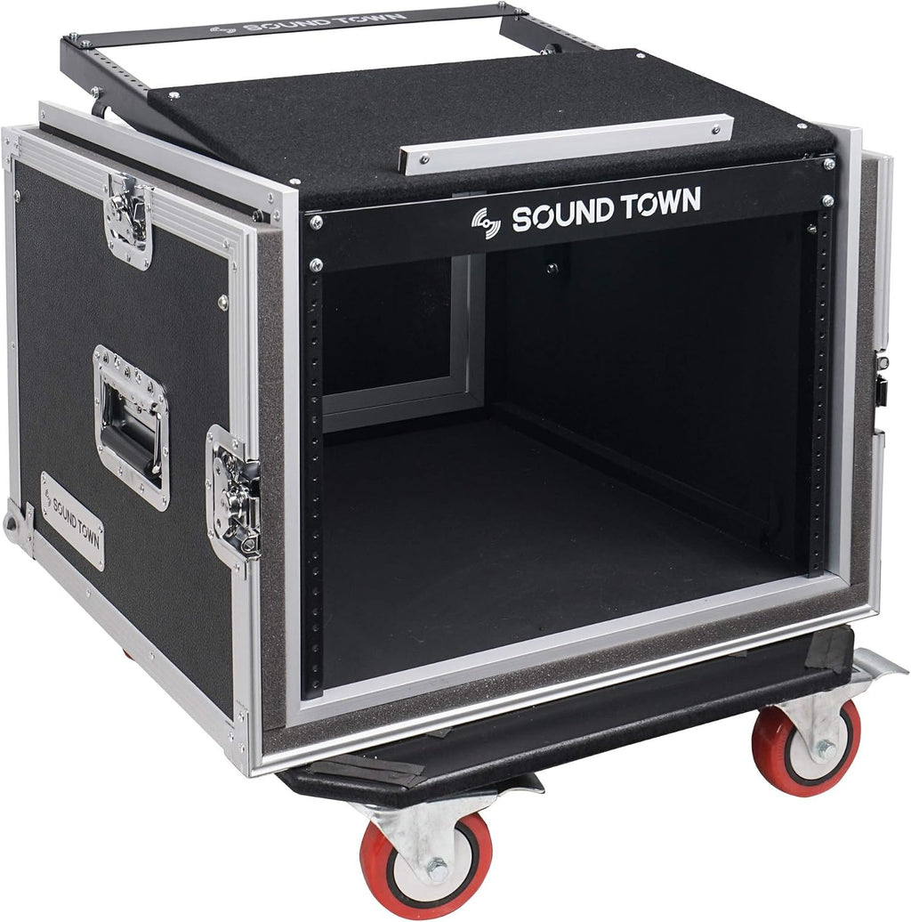 Sound Town Shock Mount 8U ATA Rack Case with 21' Rackable Depth, 11U Slant Mixer Top and Casters, 8-Space Size - Pro Tour Grade (STMR-SP8UW)