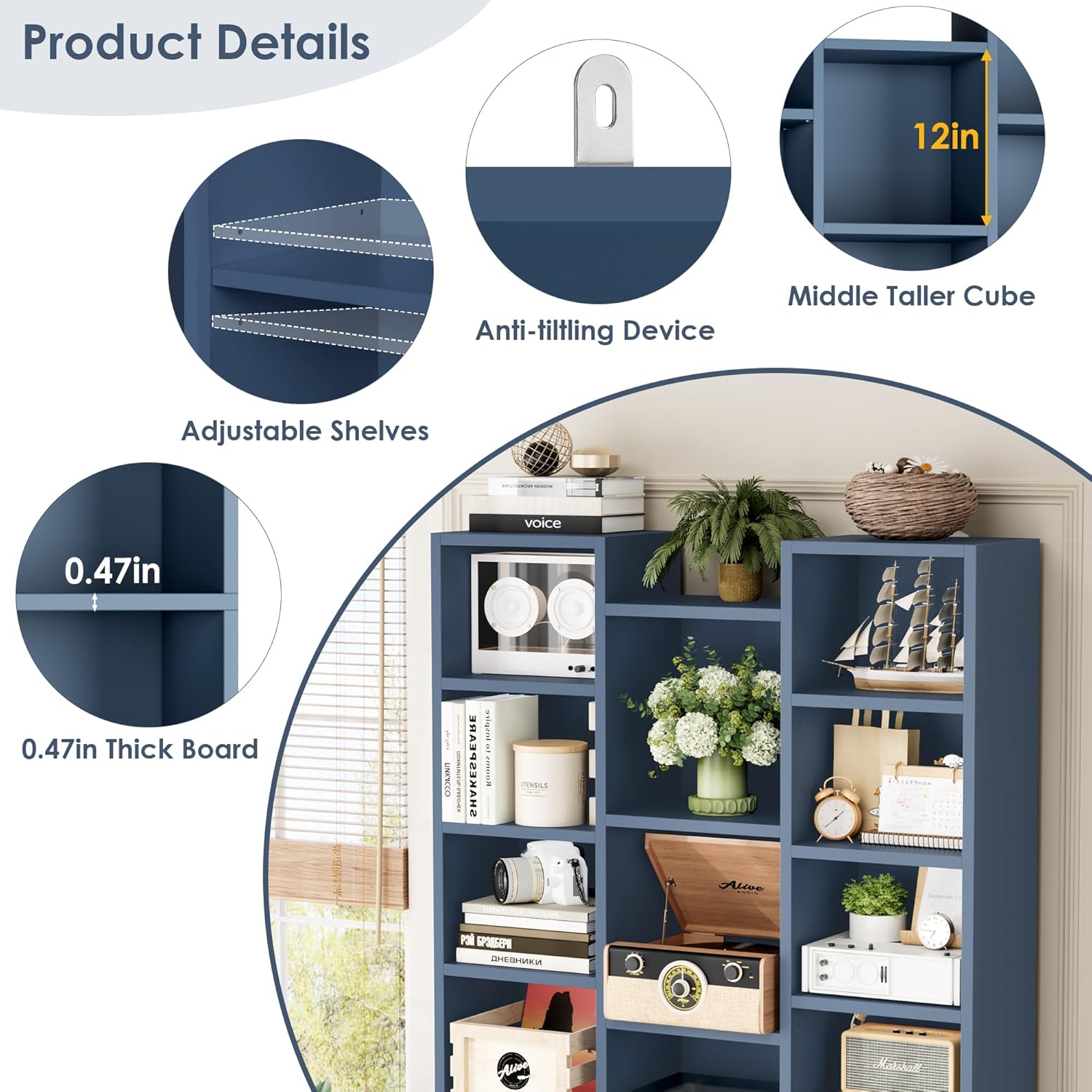 FOTOSOK 71'' Tall Bookshelf with 21 Cubes, 8 Tier Triple Wide Bookshelf with 8 Adjustable Shelves, 35' Large Bookcase DVD/CD Media Tower Storage, Freestanding Display Shelf Cabinet, Blue