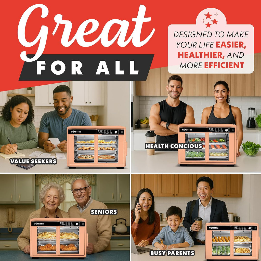 Gourmia French Door Air Fryer Oven - 37 Qt Large Capacity Convection Toaster Oven, FryForce 360°, Digital Display, 12 Cooking Presets, Dehydrate, Fits 13' Pizza, Dishwasher-Safe, Peach