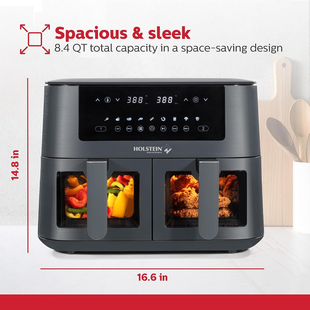 Holstein Housewares 8.4QT Dual Basket Digital Air Fryer with viewing window and led display with 7 preset options. Fry, bake, grill, dehydrate, and roast healthier recipes. Dishwasher Safe