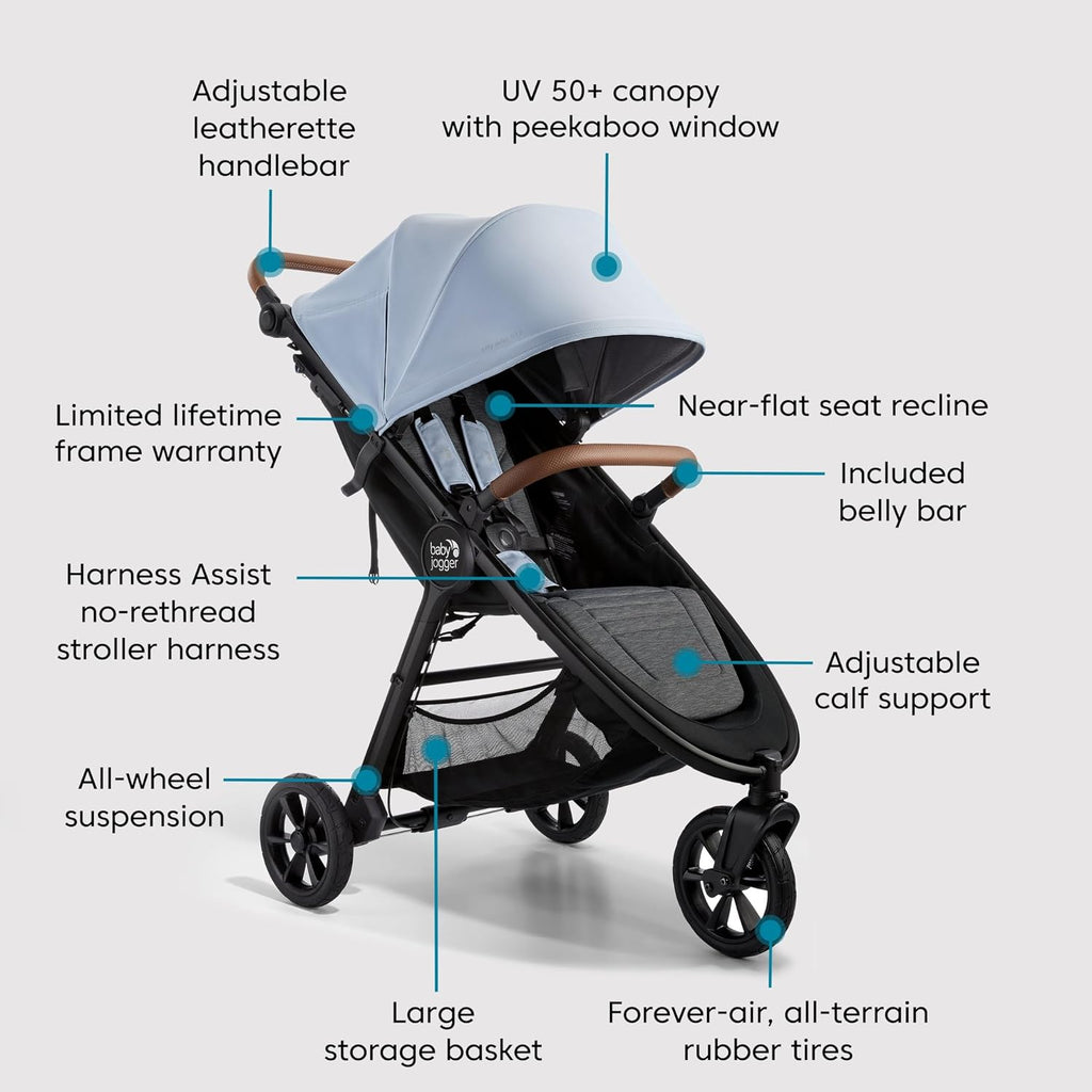 Baby Jogger® City Mini GT2 Single Stroller, Eco-Friendly Series, Baby Stroller with Four-Way Use with the Included Infant Car Seat Adapters, Leatherette Handle and Belly Bar, Slate Fog