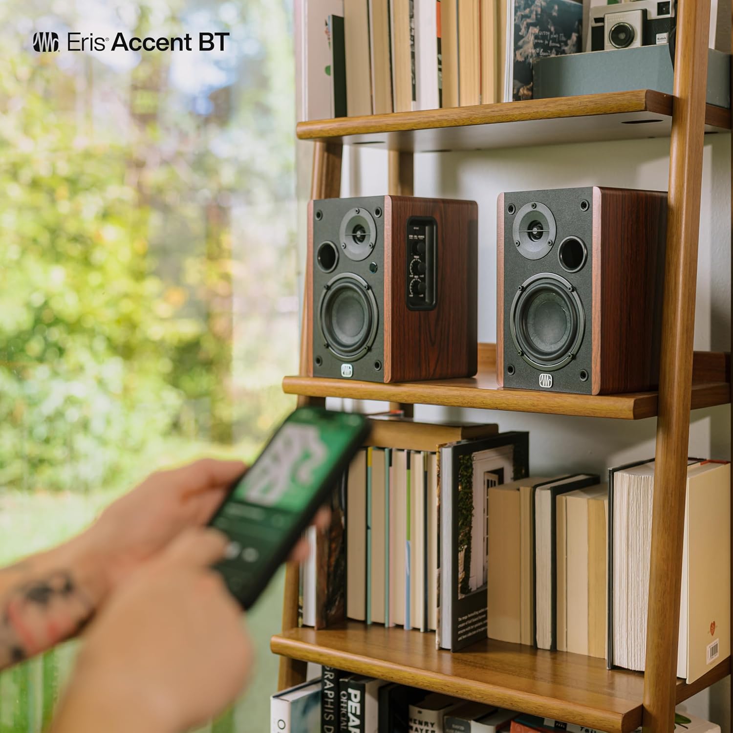 PreSonus Eris Accent BT 60W Powered Bookshelf Bluetooth Speakers – Studio Monitors for Turntable, Home, 4' Woofer, Silk Tweeter, USB-C, Optical, RCA, Coax, Remote, Sub Out, Wired Option, Wood Grain