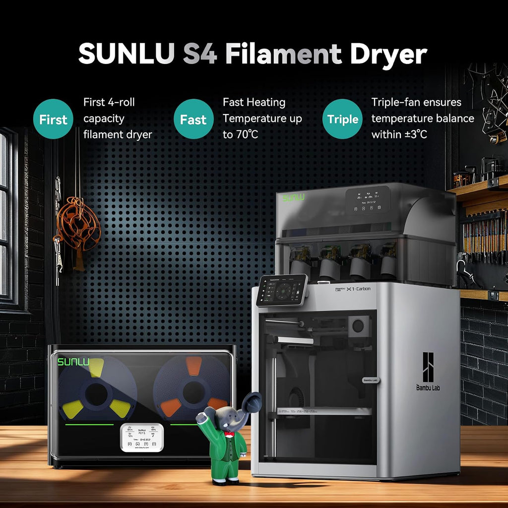SUNLU Official Filament Dryer S4, 4 Spools Capacity, Efficient Heating to 70℃, 350W PTC Heater 3D Filament Dehydrator, Compatible with Nylon TPU PLA PETG ABS Filament 1.75/2.85/3.0mm, Black