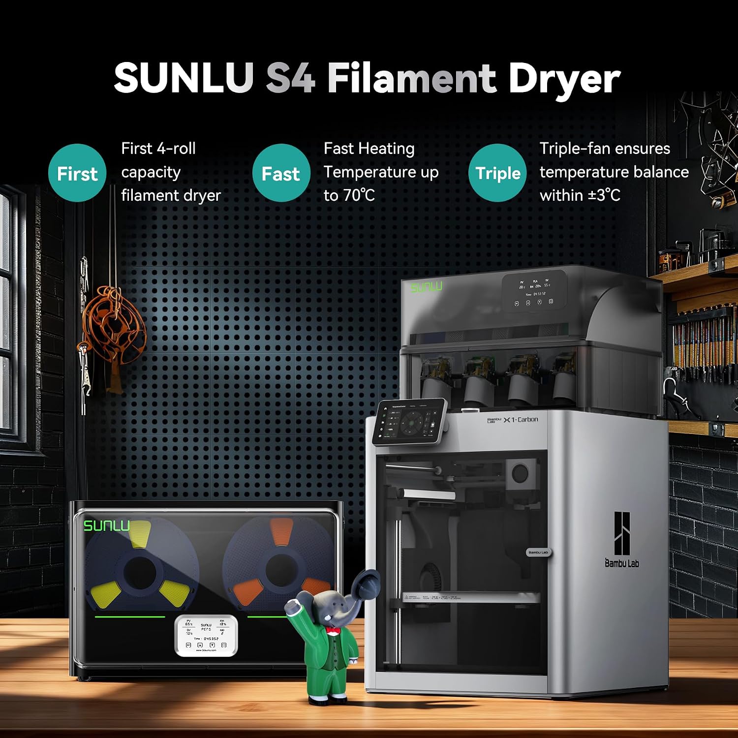 SUNLU Official Filament Dryer S4, 4 Spools Capacity, Efficient Heating to 70℃, 350W PTC Heater 3D Filament Dehydrator, Compatible with Nylon TPU PLA PETG ABS Filament 1.75/2.85/3.0mm, Black
