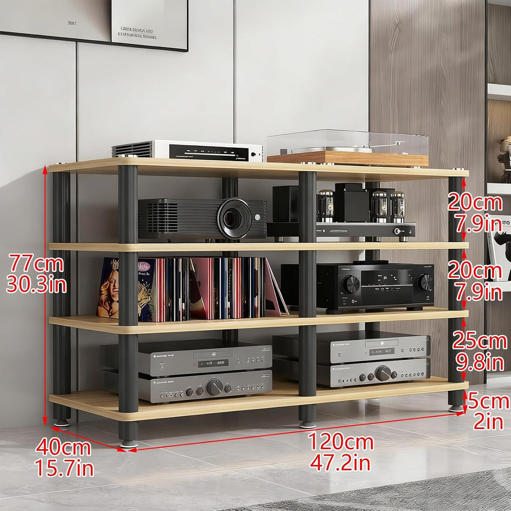 AV Media Stand, Stereo Rack with Thickened Board, Multi-Tier Open Storage Stereo Cabinet, Audio-Video Rack with Metal Tube, Record Player Stand for Theater(White,4 Tier 120x40x77cm)