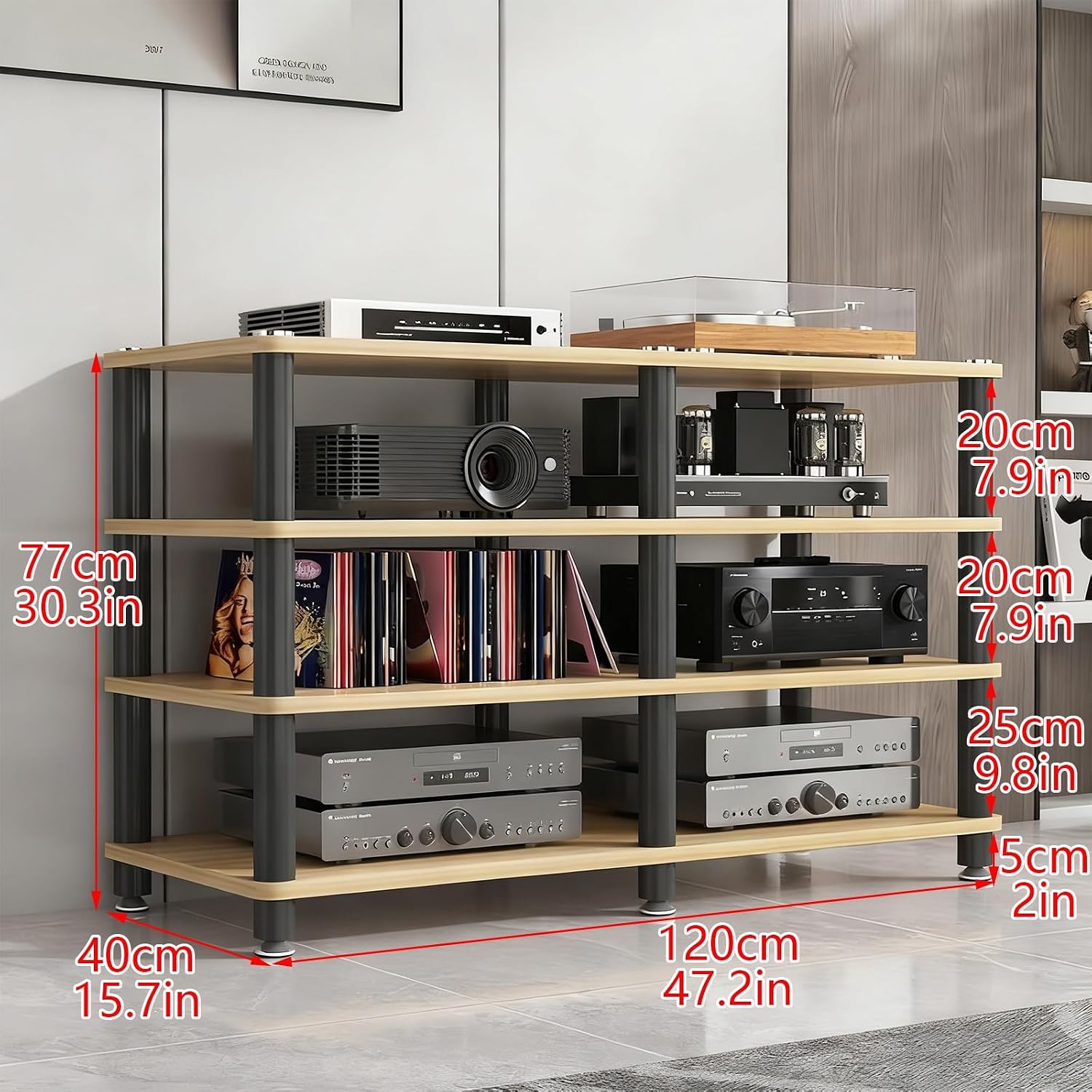 AV Media Stand, Stereo Rack with Thickened Board, Multi-Tier Open Storage Stereo Cabinet, Audio-Video Rack with Metal Tube, Record Player Stand for Theater(White,4 Tier 120x40x77cm)