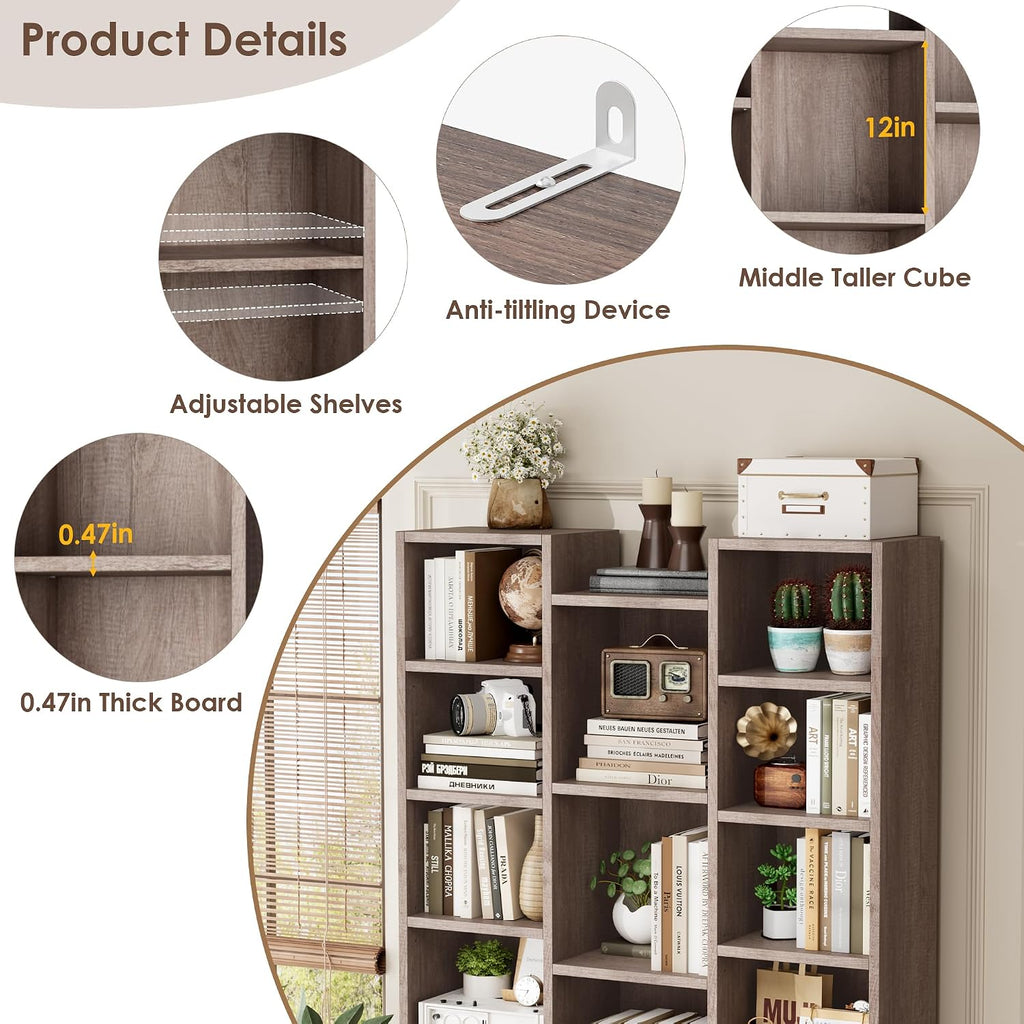 FOTOSOK 71'' Tall Bookshelf with 21 Cubes, 8 Tier Triple Wide Bookshelf with 8 Adjustable Shelves, 35' Large Bookcase DVD/CD Media Tower Storage, Freestanding Display Shelf Cabinet, Oak