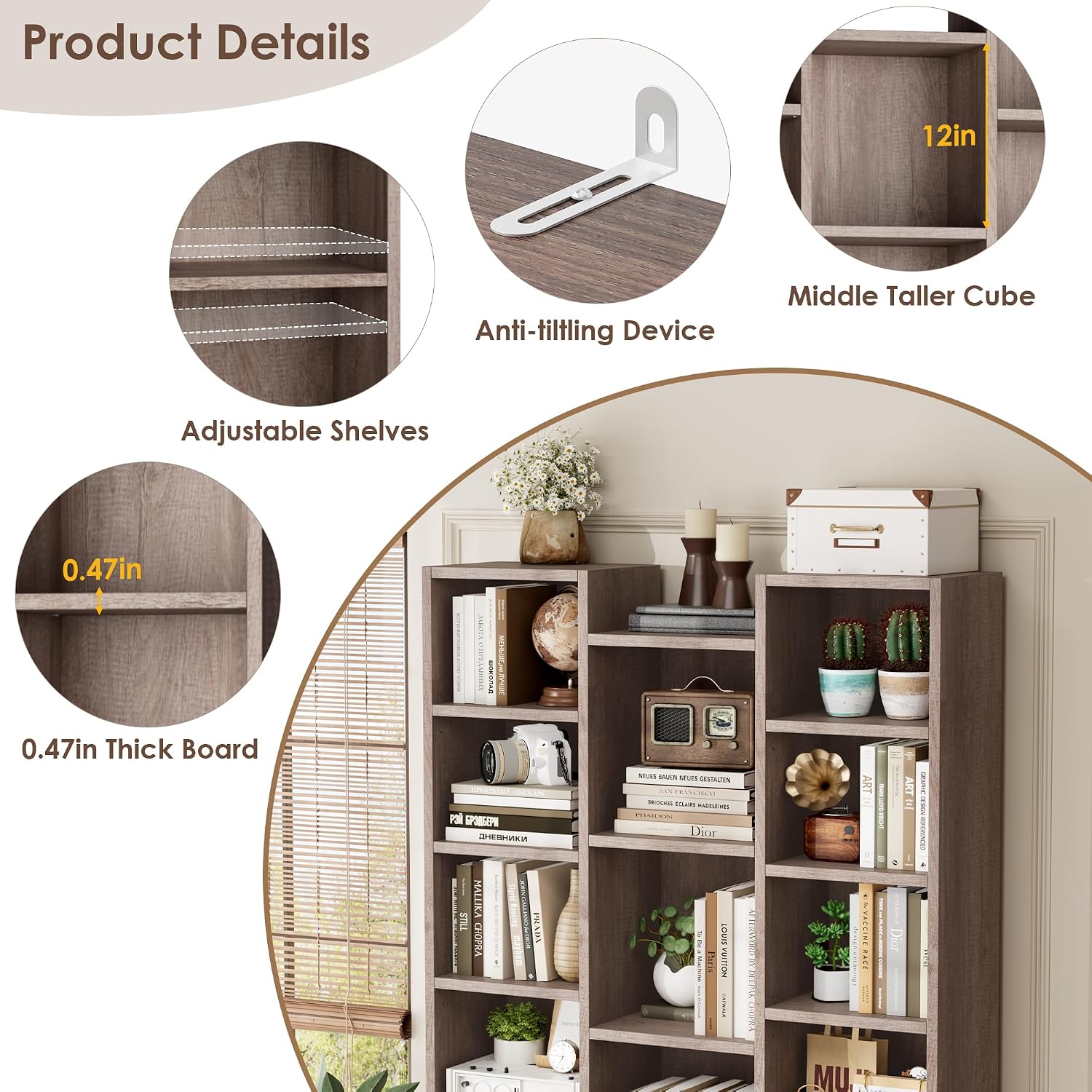 FOTOSOK 71'' Tall Bookshelf with 21 Cubes, 8 Tier Triple Wide Bookshelf with 8 Adjustable Shelves, 35' Large Bookcase DVD/CD Media Tower Storage, Freestanding Display Shelf Cabinet, Oak