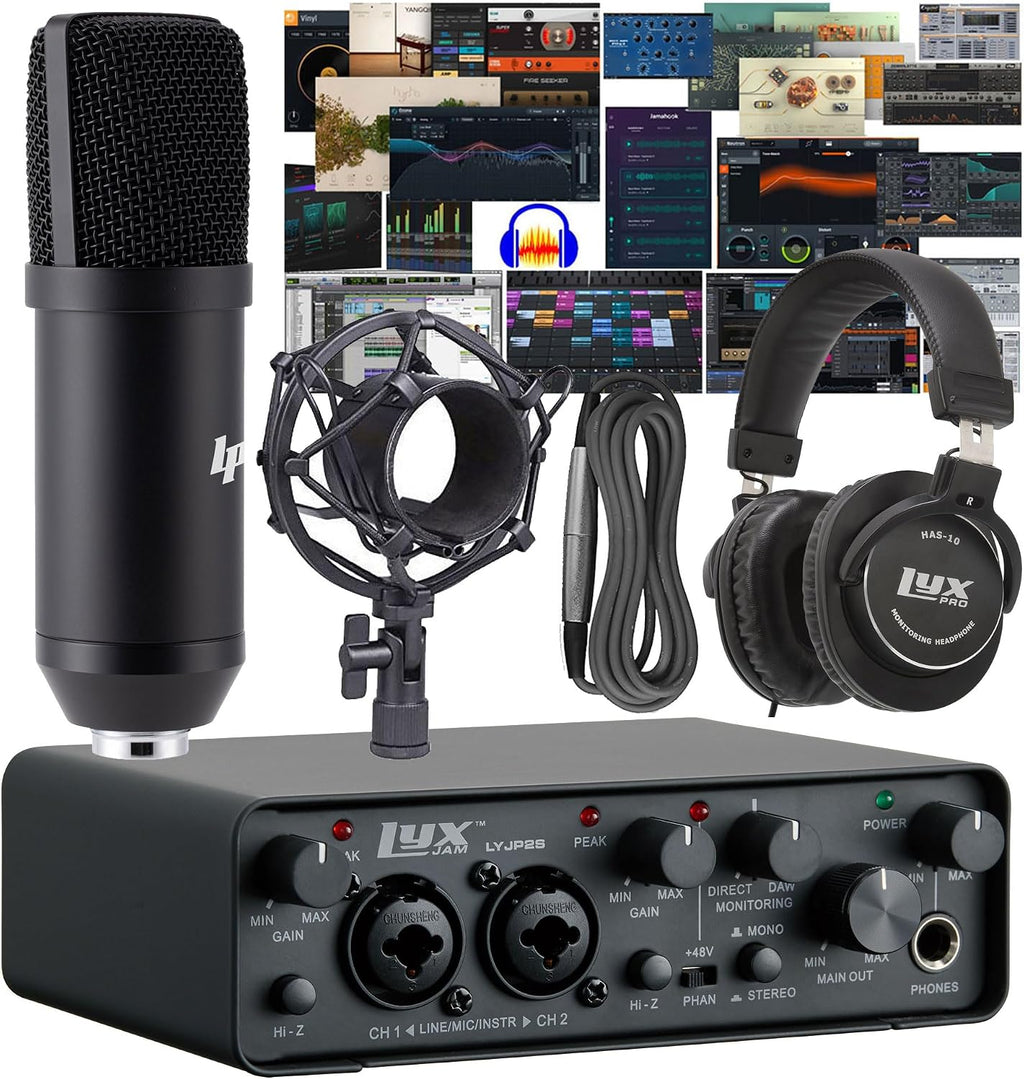 LyxJam 2×2 USB Audio Interface Recording Bundle w, Cardioid Condenser Mic, Studio Headphones, Shockmount, XLR Cable, Waveform OEM Software, 24-bit/192 kHz Music, Podcast, Voiceover & Streaming Kit