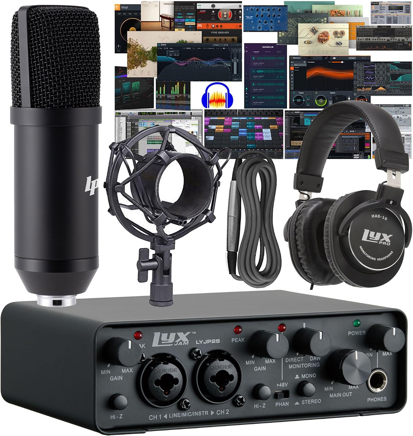 LyxJam 2×2 USB Audio Interface Recording Bundle w, Cardioid Condenser Mic, Studio Headphones, Shockmount, XLR Cable, Waveform OEM Software, 24-bit/192 kHz Music, Podcast, Voiceover & Streaming Kit