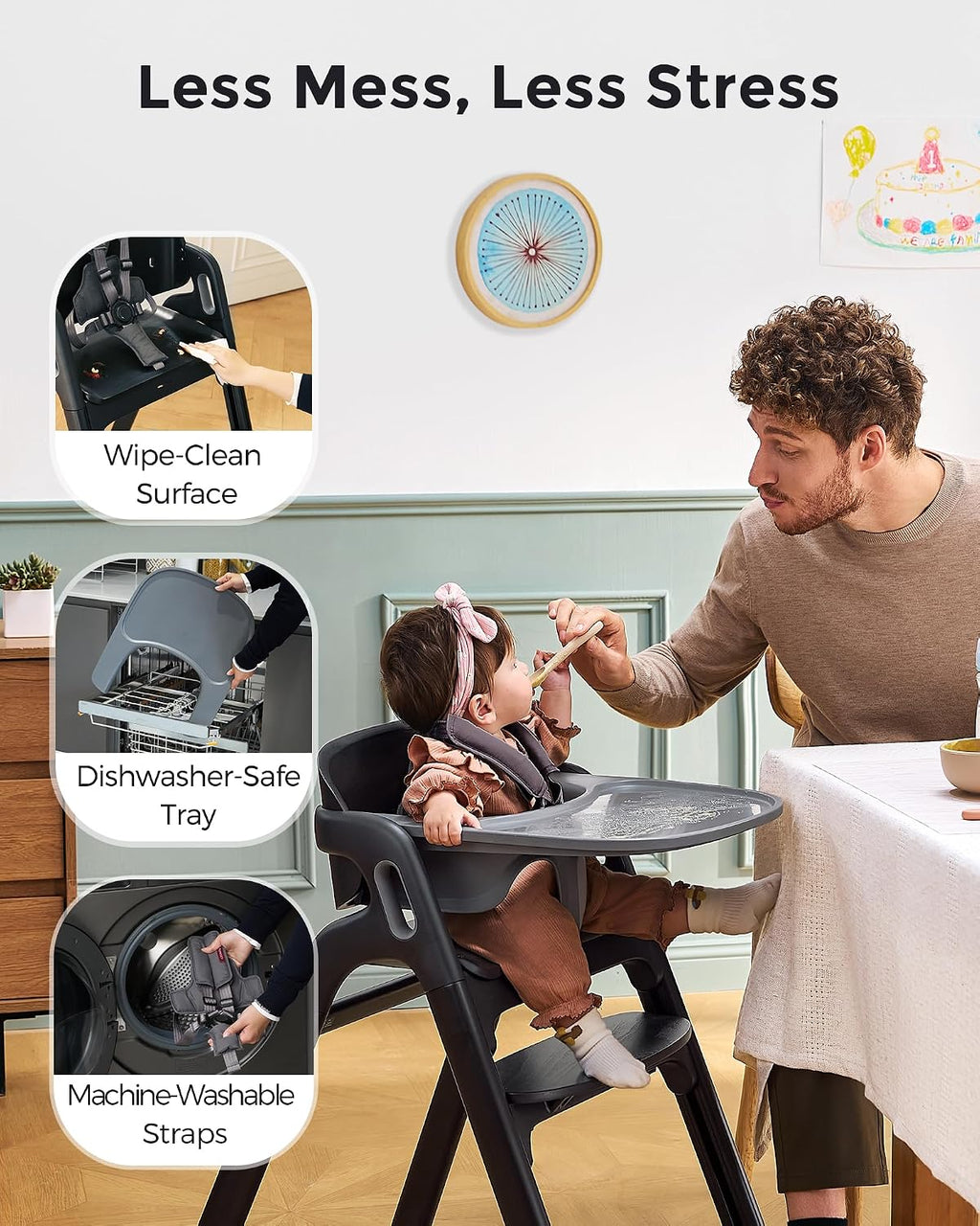 Momcozy DinerPal Wooden High Chair for Babies, Toddlers & Adults Up to 308 Lbs, Convertible Baby Highchair with Food-Grade Tray, Dishwasher-Safe, Adjustable & Ergonomic, Midnight Black