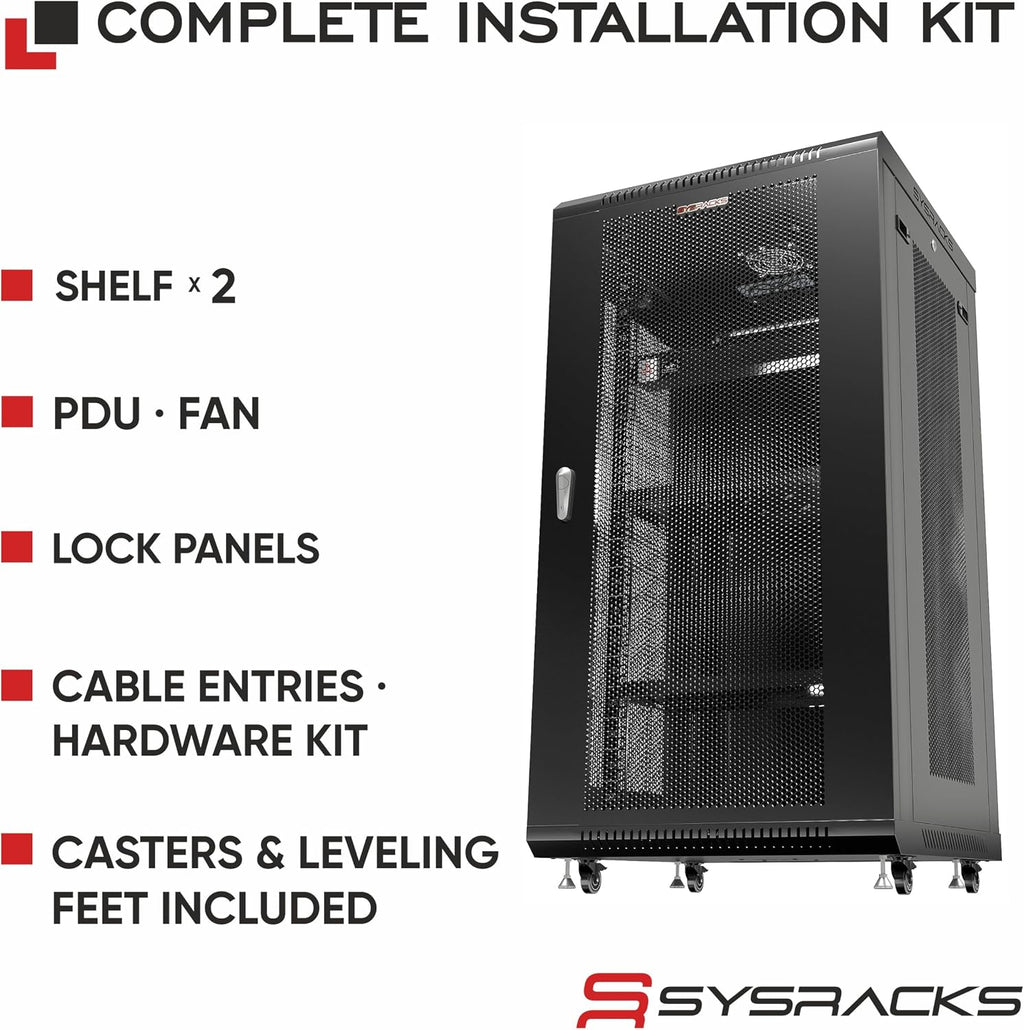 Sysracks 22U Wall Mount Server Rack Cabinet, 19' Enclosed Network & IT Rack, 24' Deep, Locking Mesh Door
