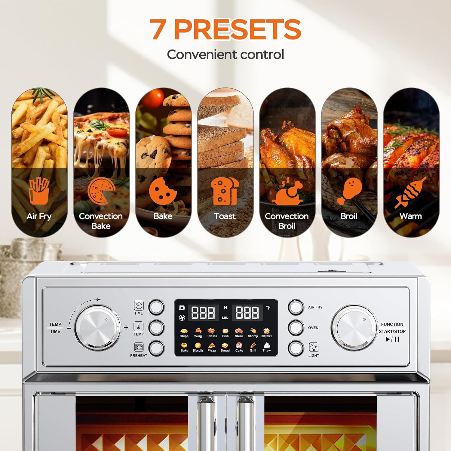 PlumChef 29.5QT Large Capacity French Double-Door Air Fryer Convection Toaster Oven, 1700W, 14 Preset Menus, 7-in-1 Multi-Function (Bake, Roast, Gril,Toast,Dehydrate&Defrost), Stainless Steel,silvery