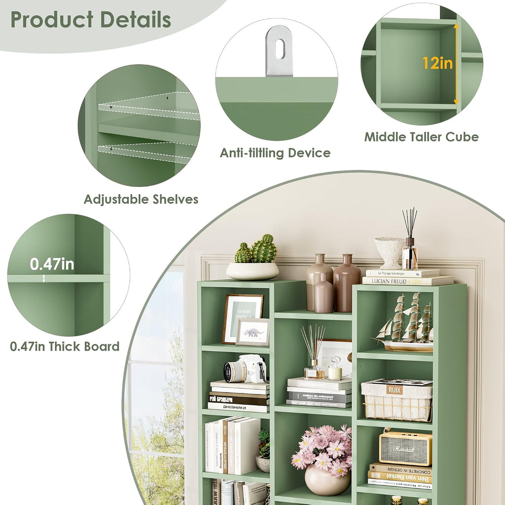 FOTOSOK 71'' Tall Bookshelf with 21 Cubes, 8 Tier Triple Wide Bookshelf with 8 Adjustable Shelves, 35' Large Bookcase DVD/CD Media Tower Storage, Freestanding Display Shelf Cabinet, Green
