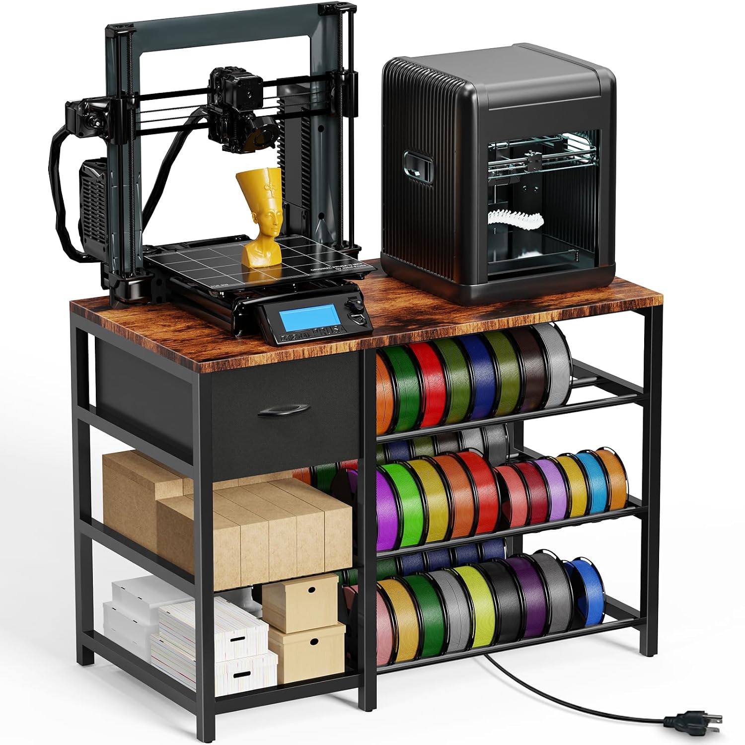 Frebomboo 3D Printer Filament Storage Rack, Versatile 3D Printer Stand Shelf with Drawer, Mobile 3-Tier Metal Filament Spool Holder, Perfect 3D Printer Cart Desk for Office Workshop Studio