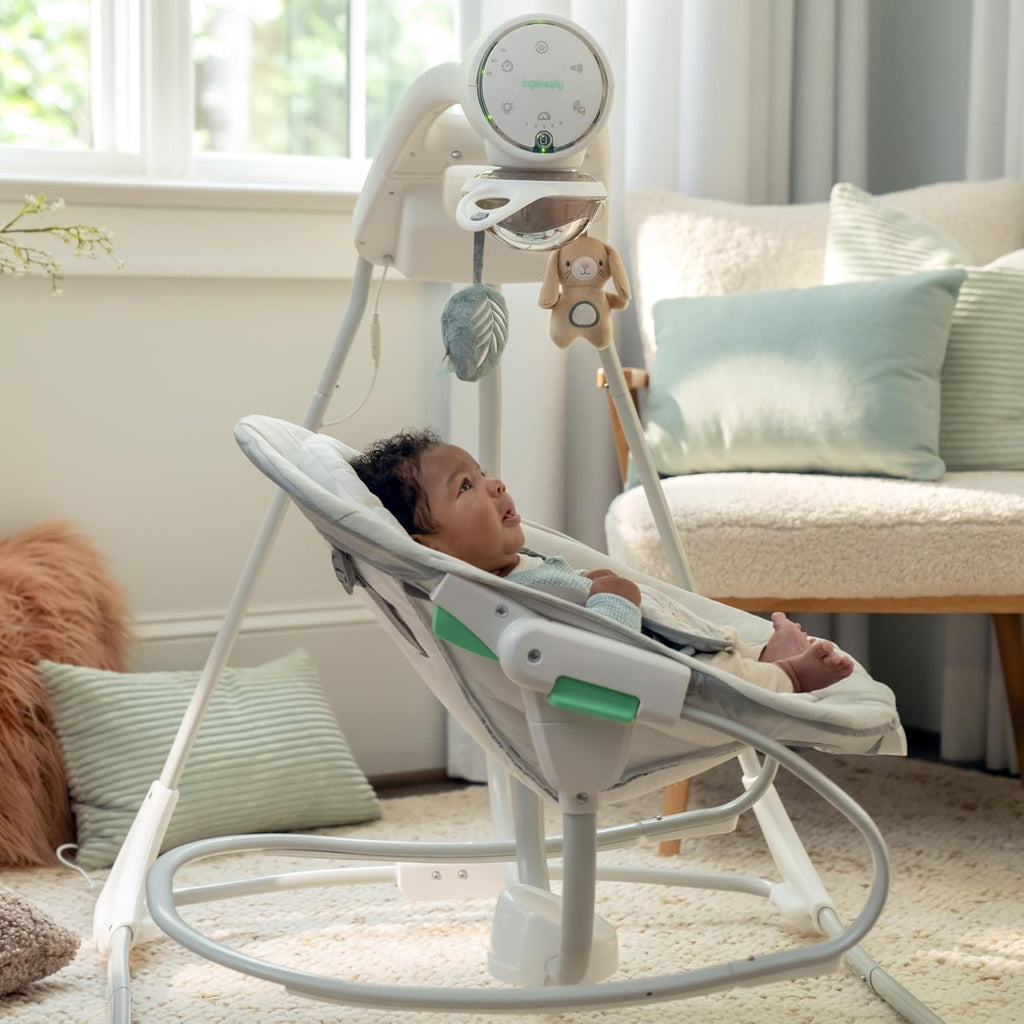 Ingenuity InLighten 2-in-1 Soothing Baby Swing & Rocker - Vibrating Swivel Infant Seat, Soothing Sounds, Lights - Remy